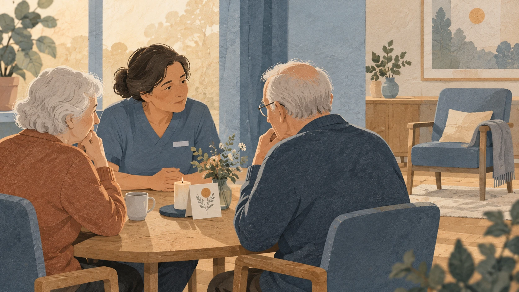 Illustration: Zwei ältere Mitbewohnende sitzen mit einer Pflegefachperson in einem ruhigen Gemeinschaftsraum und sprechen miteinander