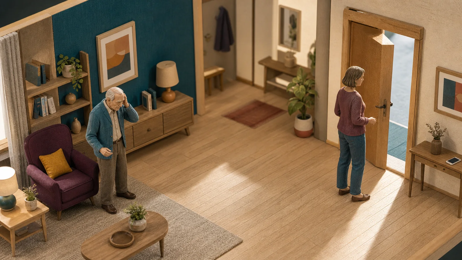 In einer handgebauten Holzmaquette steht ein angespannter älterer Mann am Sessel; seine erwachsene Tochter hält großen Abstand an einer offenen Tür, während ein Telefon in ihrer Nähe liegt.