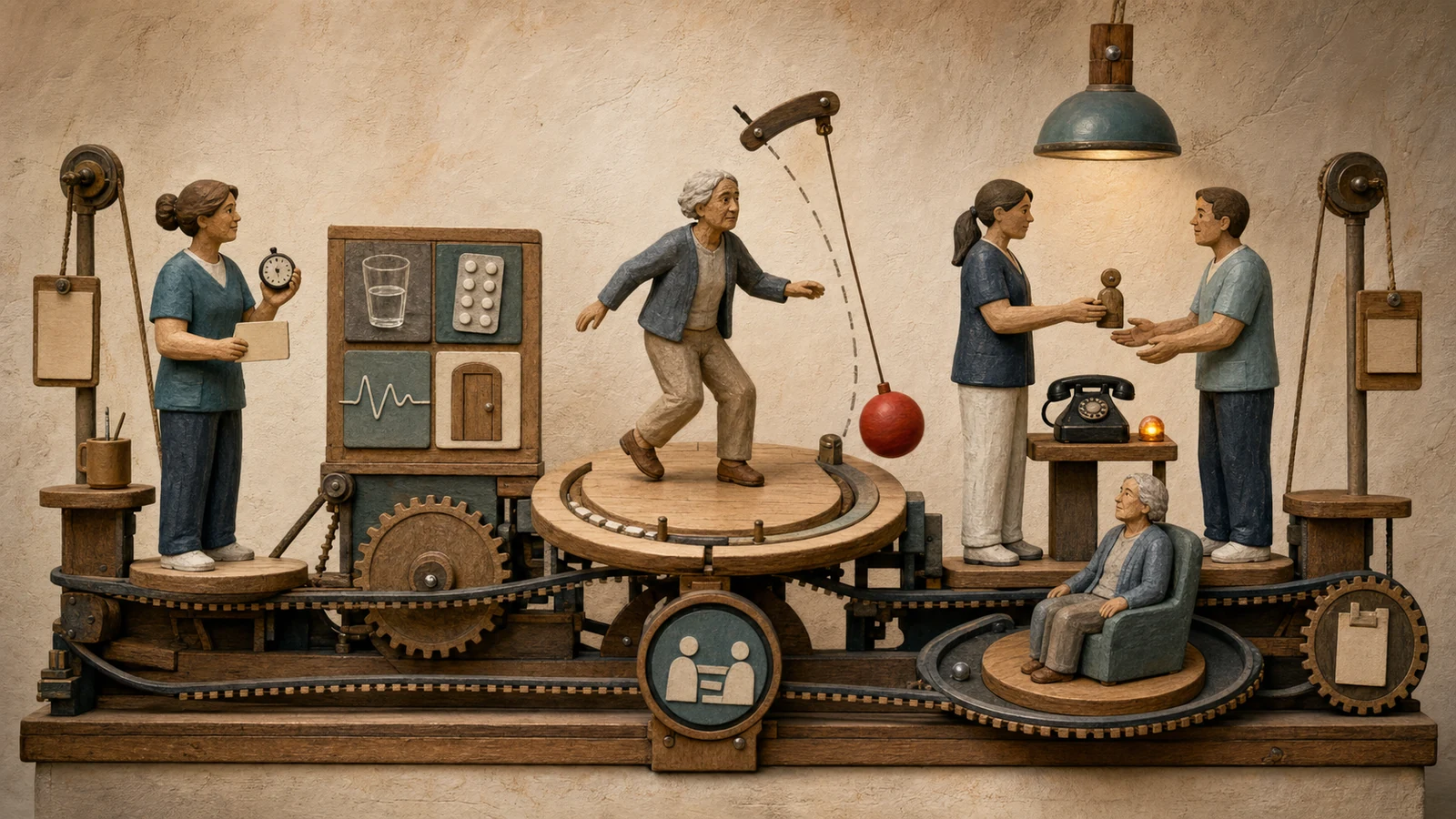 Ein handgebauter kinetischer Automat zeigt die plötzliche Unruhe einer Bewohnerin; Zahnräder verbinden Beobachtung, Ursachenprüfung, telefonischen Rücklauf, Schichtübergabe und erneute Bewertung