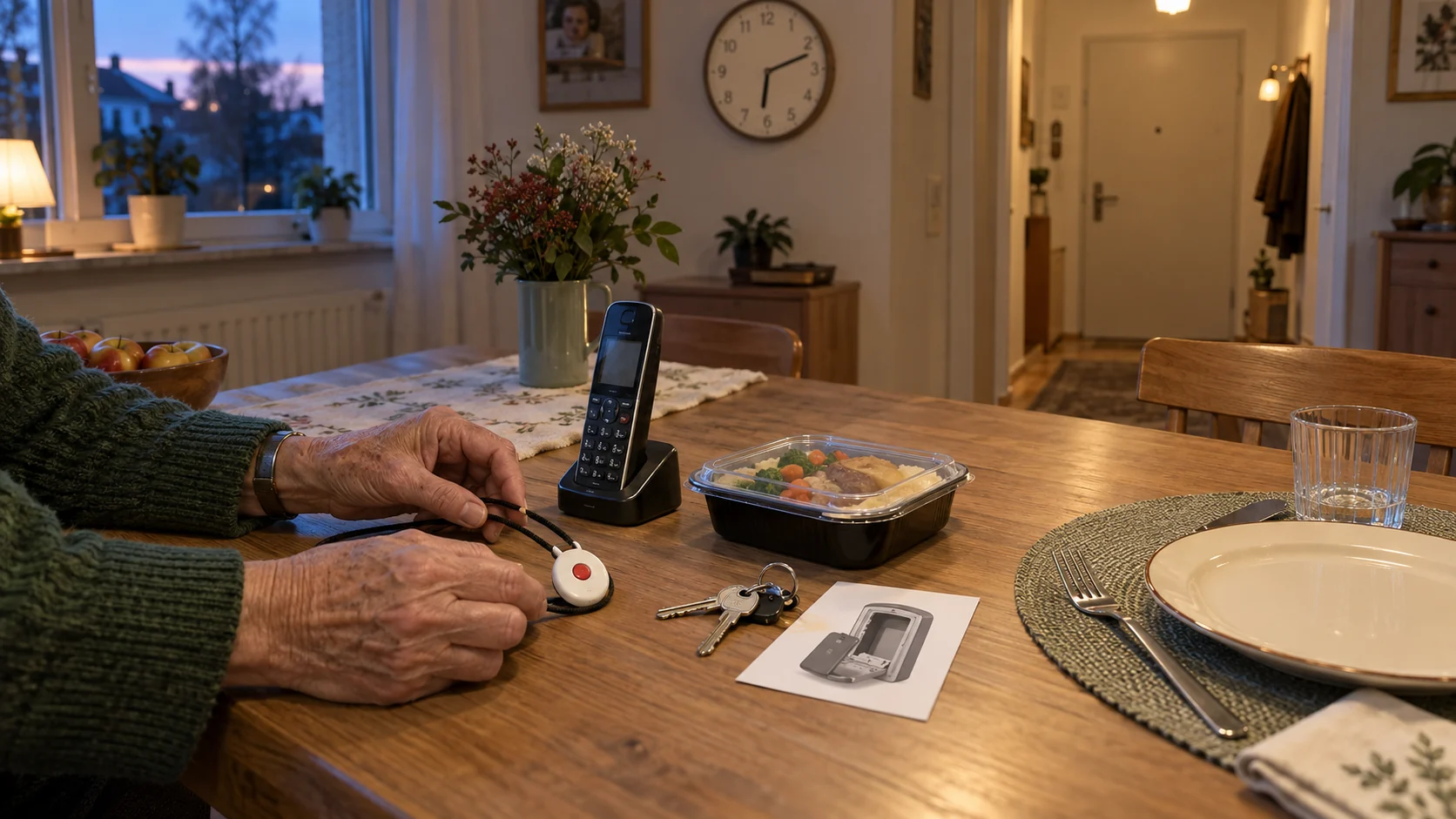 Ältere Hände legen auf einem Küchentisch einen Hausnotrufsender neben Telefon, Schlüssel und eine vorbereitete Mahlzeit; im Hintergrund liegt die Wohnungstür im Blick