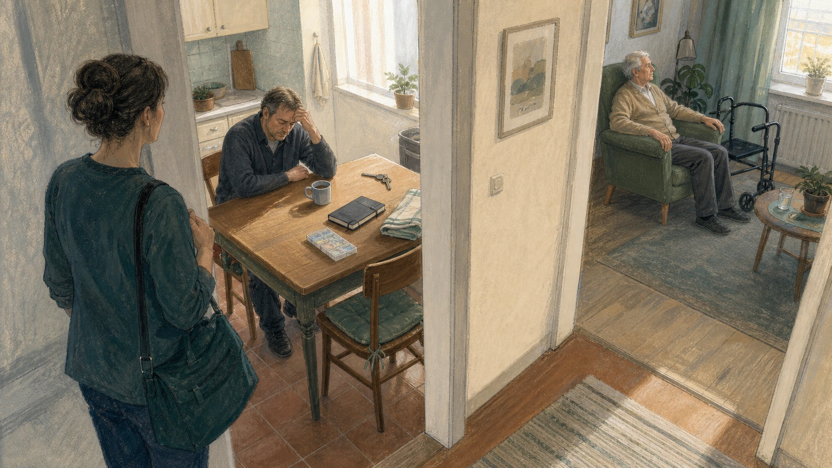Gouacheillustration aus erhöhter Perspektive: Eine ambulante Pflegefachperson hält im Wohnungsflur inne, ein erschöpfter Angehöriger sitzt am Küchentisch und die versorgte ältere Person bleibt im angrenzenden Zimmer einbezogen