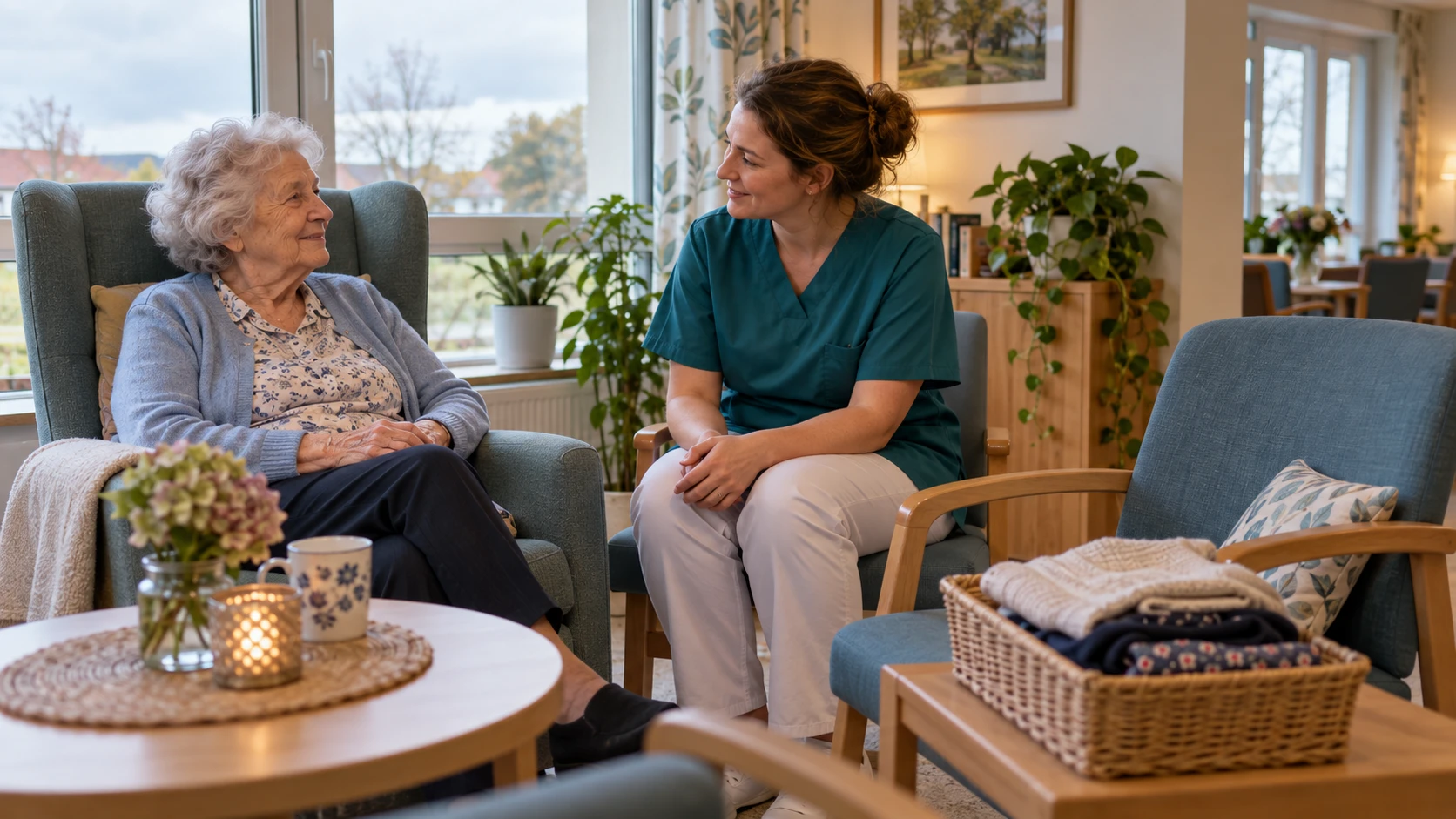 Eine ältere Bewohnerin und eine Pflegefachperson sitzen im Gespräch am Fenster eines Pflegeheims; daneben stehen ein leerer Besucherstuhl und ein Korb mit gefalteter Kleidung.