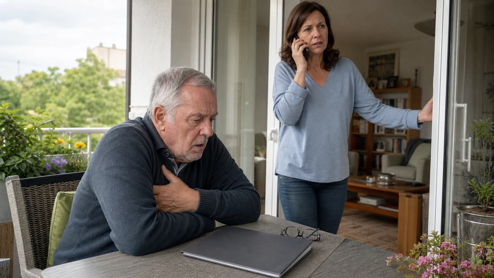Dokumentarfoto: Ein älterer Mann sitzt bei Atemnot mit abgestützten Armen am Balkontisch, während seine Tochter telefonische Hilfe organisiert und den Weg freihält