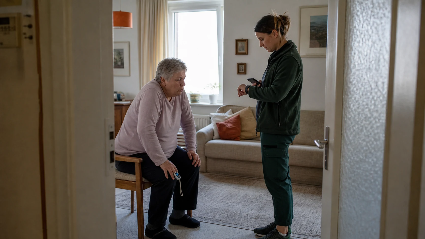 Eine ambulante Pflegefachperson beobachtet in einer Wohnung die Atemarbeit einer älteren, nach vorn gebeugt sitzenden Person und bereitet die weitere Kontaktaufnahme vor