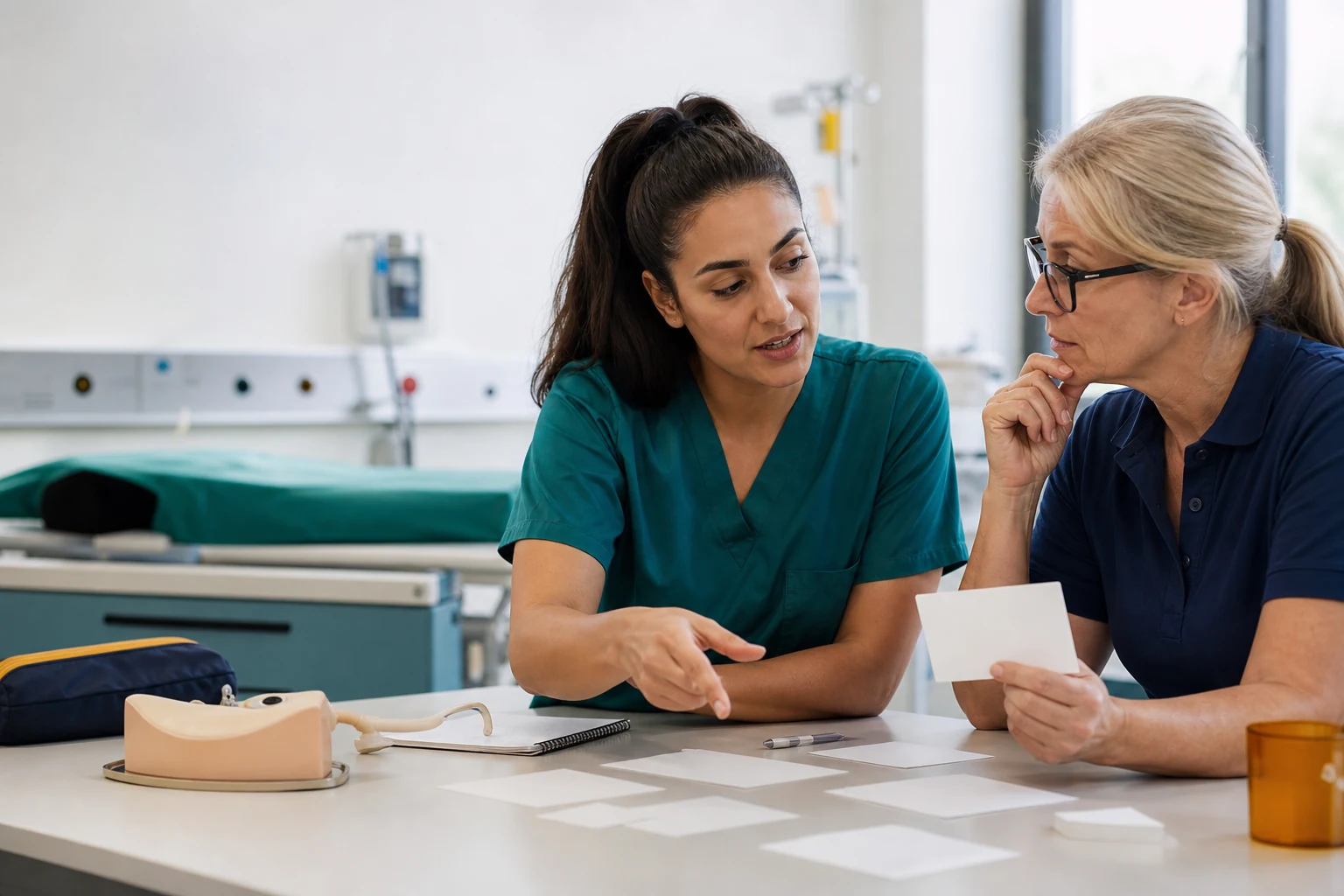 KI-generierte Illustration: Eine Pflegeauszubildende und eine Praxisanleiterin besprechen gemeinsam eine Fallsituation im Skills-Lab