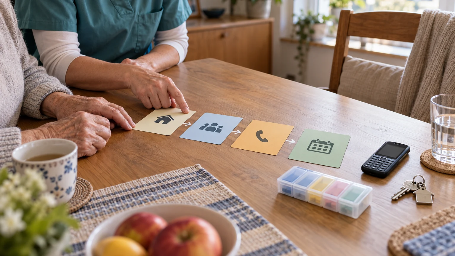 In einer häuslichen Küche ordnen eine ältere Person und eine ambulante Pflegefachperson Symbole für Haushalt, Helfernetz, Telefon und Terminfolge; ein leerer Stuhl steht für die ausgefallene Pflegeperson
