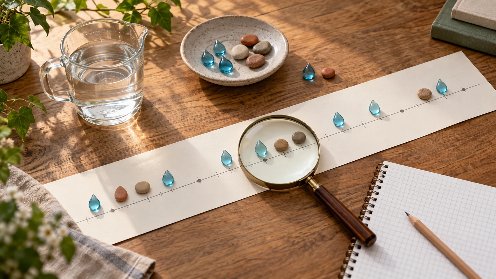 Eine helle Papierzeitspur auf einem Holztisch zeigt blaue Glasmarker, erdfarbene Keramikmarker, bewusst freie Stellen, eine Lupe und ein leeres Rasterheft