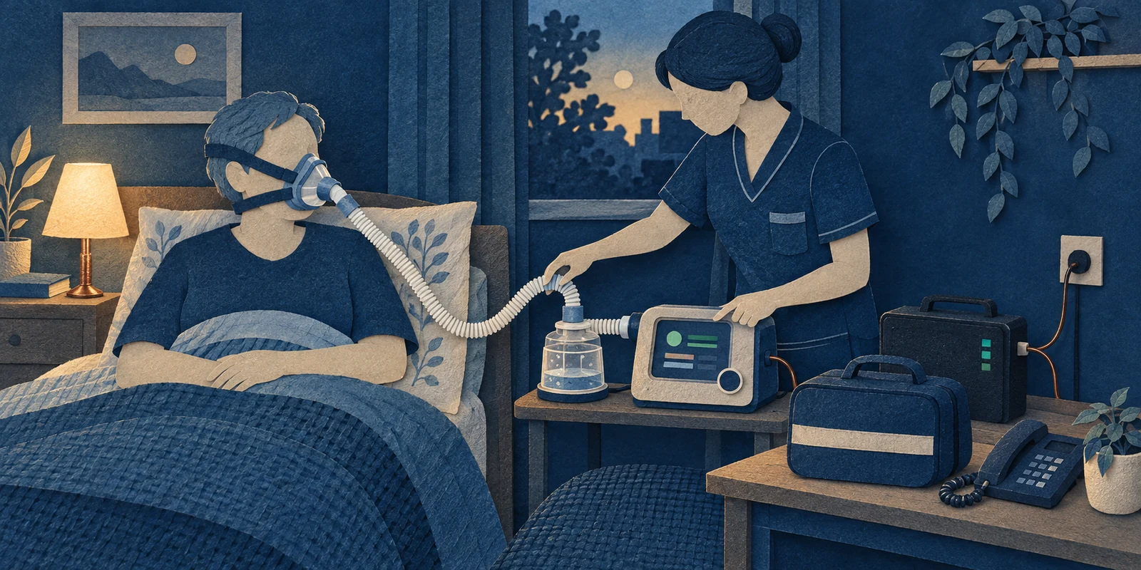 Cyanotypie- und Scherenschnittillustration eines Hausbesuchs: Eine ambulante Pflegefachperson verfolgt bei einem sitzenden Erwachsenen den Schlauch einer nichtinvasiven Beatmungsmaske über Befeuchtung und Beatmungsgerät; Stromversorgung, Reserveakku, Notfalltasche und Telefon stehen geordnet bereit