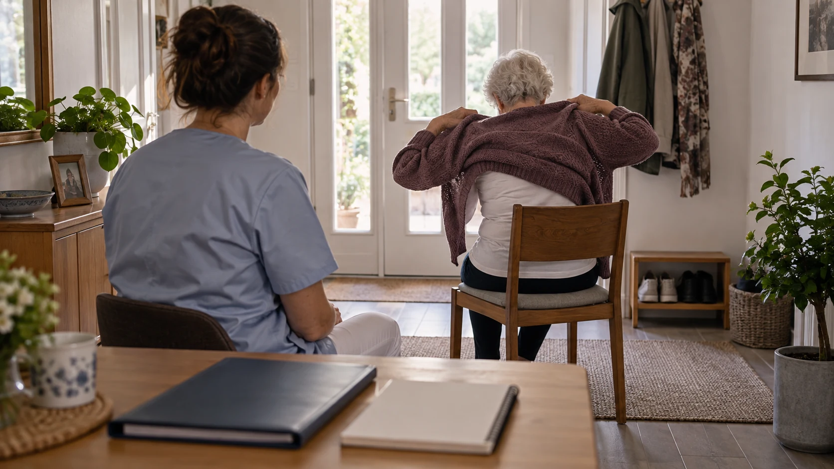 Eine ältere Person zieht im häuslichen Eingangsbereich selbst einen Cardigan an; eine Pflegefachperson sitzt mit Abstand und beobachtet, auf dem Tisch liegen eine geschlossene Mappe und ein leeres Notizbuch