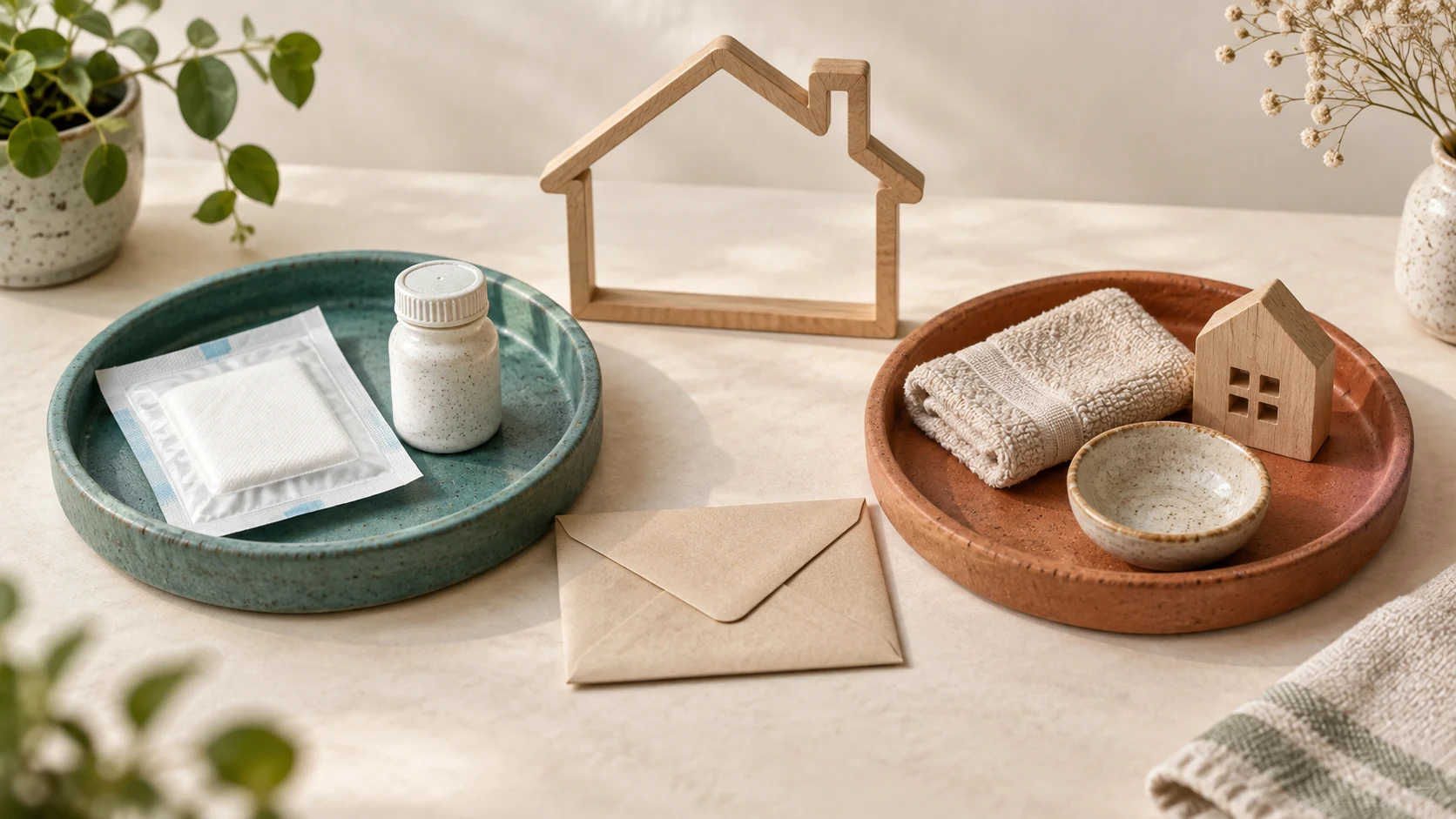 Zwei getrennte Keramikschalen vor einem Holzhaus: links Verbandmaterial und ein unbeschriftetes Medikamentengefäß, rechts Waschtuch, Schale und kleines Haus; dazwischen ein geschlossener Umschlag