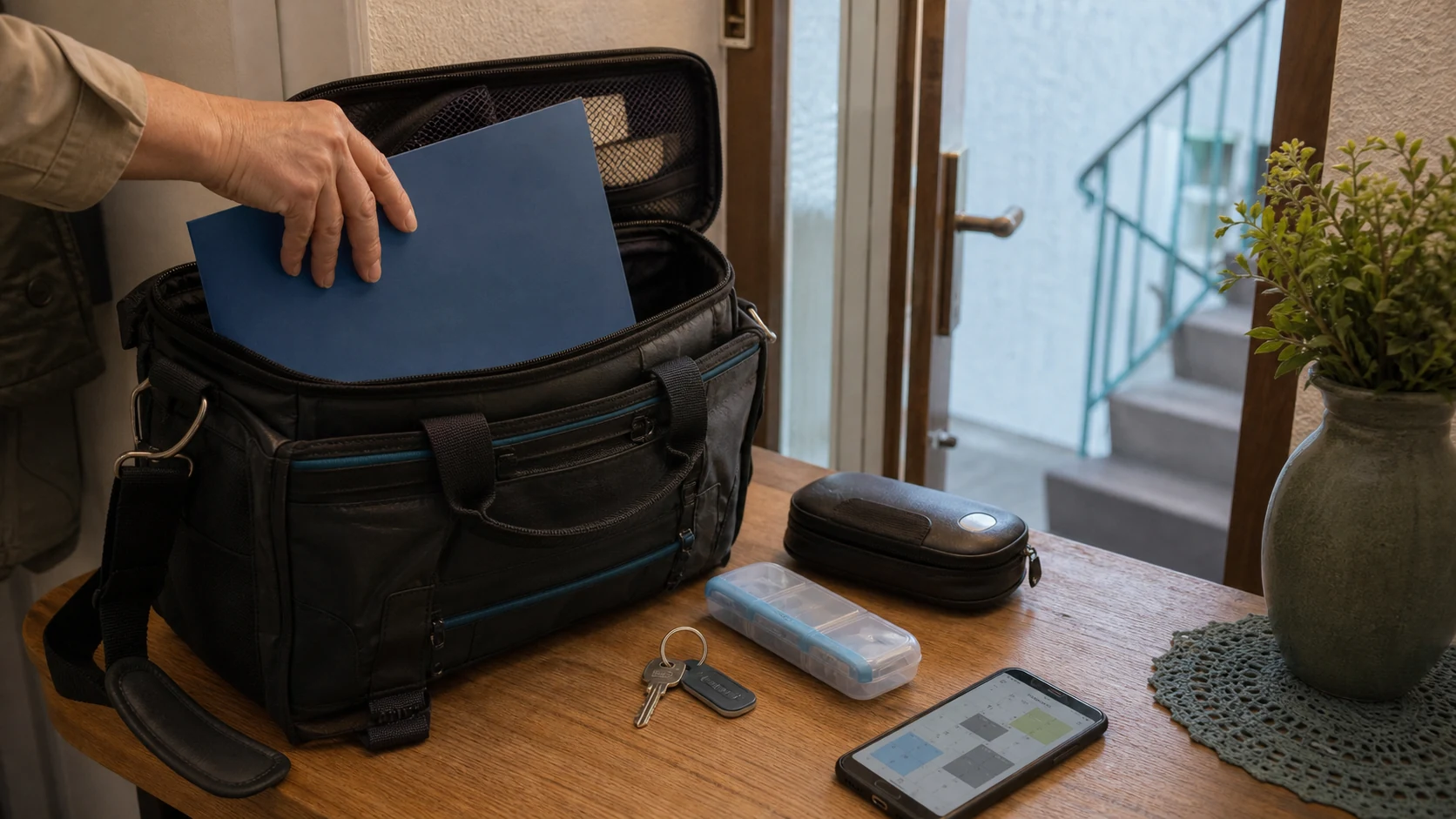 Eine Hand legt am Wohnungseingang eine blaue Verordnungsmappe in eine geöffnete Pflegetasche; daneben liegen ein geschlossenes Messgerät, eine Dosierbox, Schlüssel und ein Kalender auf dem Smartphone