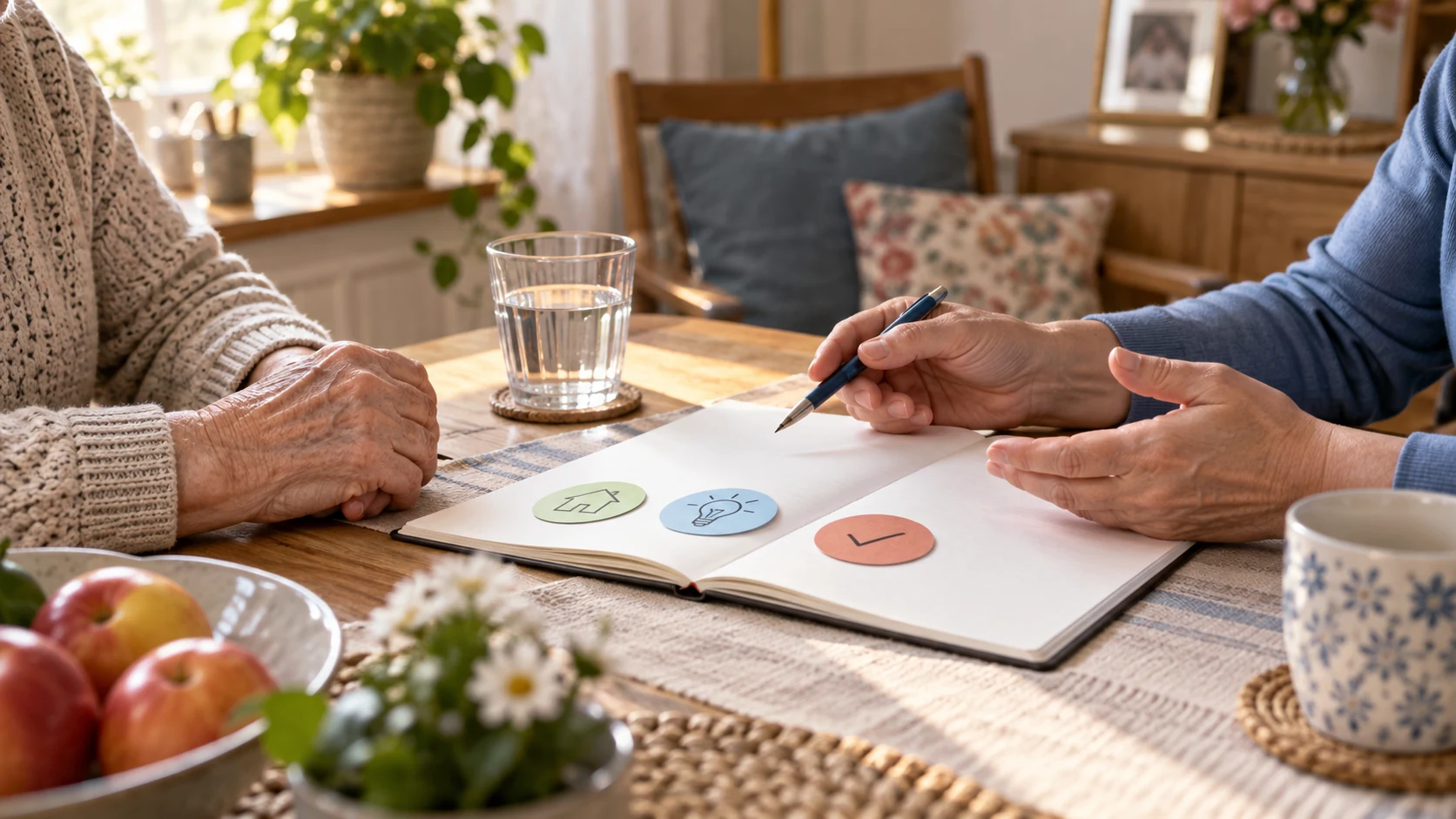Zwei Menschen sitzen am heimischen Tisch; sichtbar sind nur ihre Hände, ein offenes leeres Notizbuch mit drei farbigen Symbolkarten und ein Glas Wasser