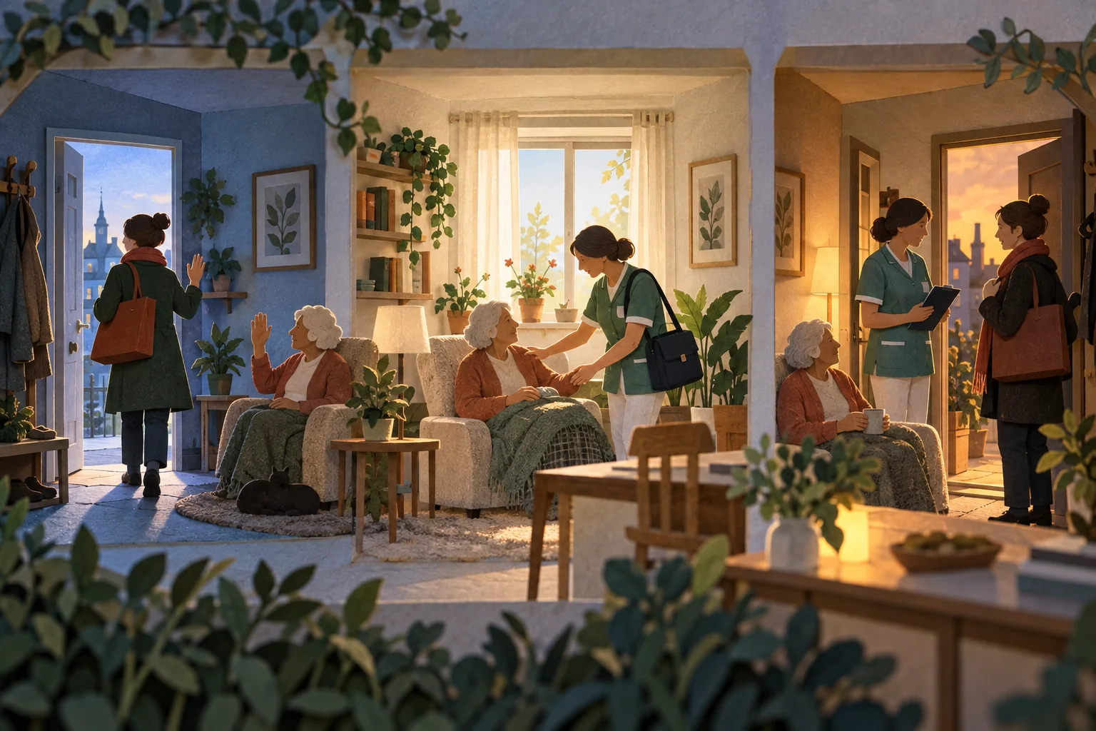 Handgefertigte Lichtkasten-Szene eines Arbeitstags: Eine berufstätige Angehörige verlässt morgens die Wohnung, mittags versorgt eine ambulante Pflegefachperson die ältere Person und abends stimmen beide sich an der Tür ab