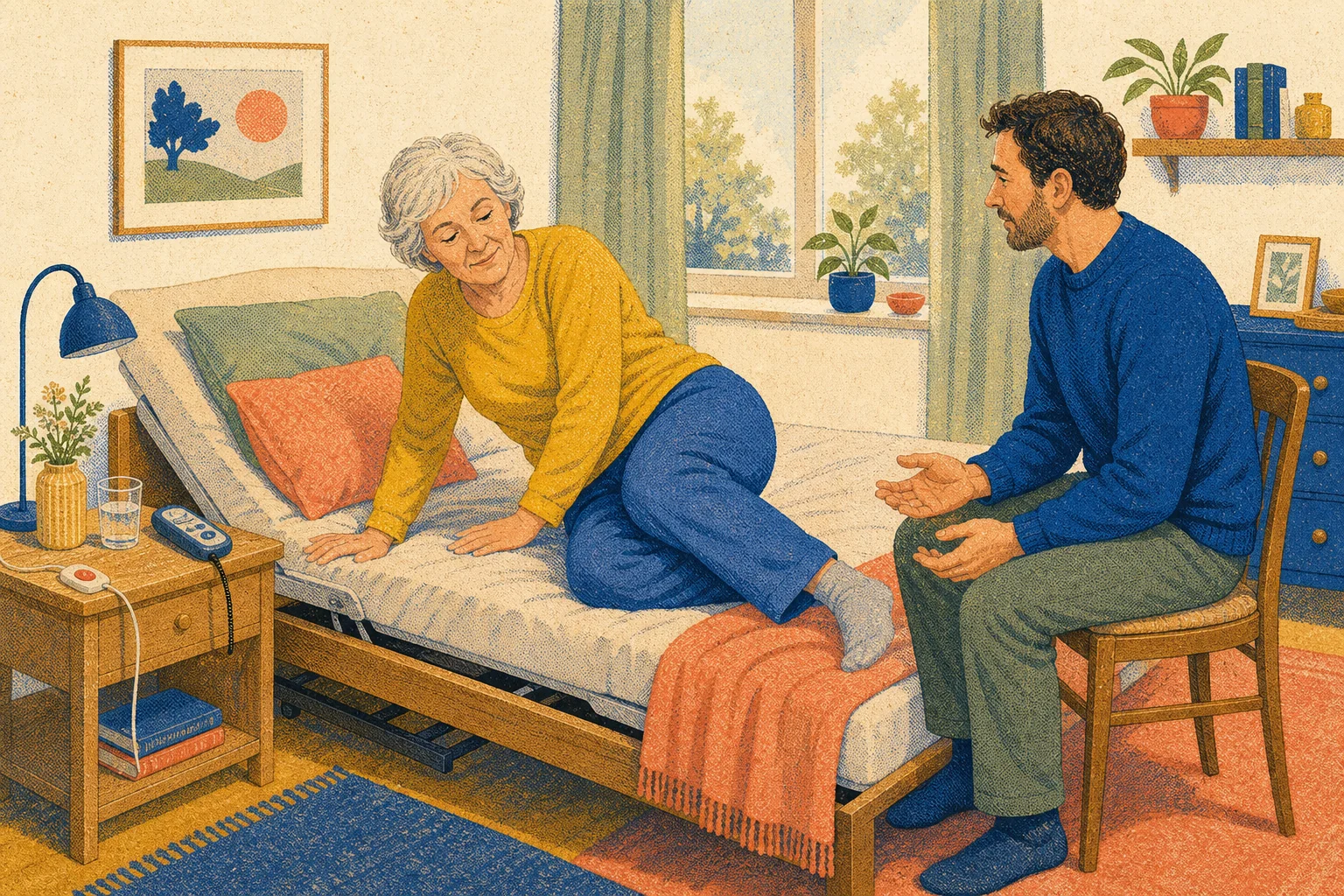 Eine ältere Frau beginnt im eigenen Bett selbst eine Drehbewegung, während ihr Sohn mit offenen Händen abwartet und aufmerksam bleibt