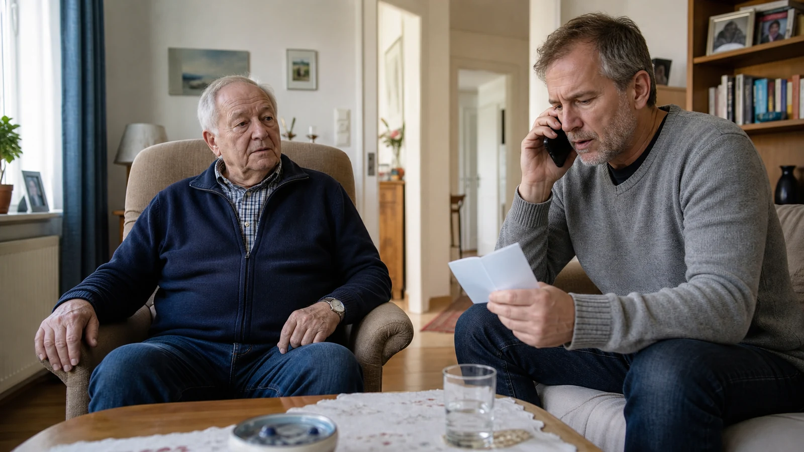 Ein älterer Mann sitzt nach einem möglichen Kopfstoß wach im Sessel, während sein Sohn mit Medikamenteninformationen in der Hand telefonisch medizinischen Rat organisiert