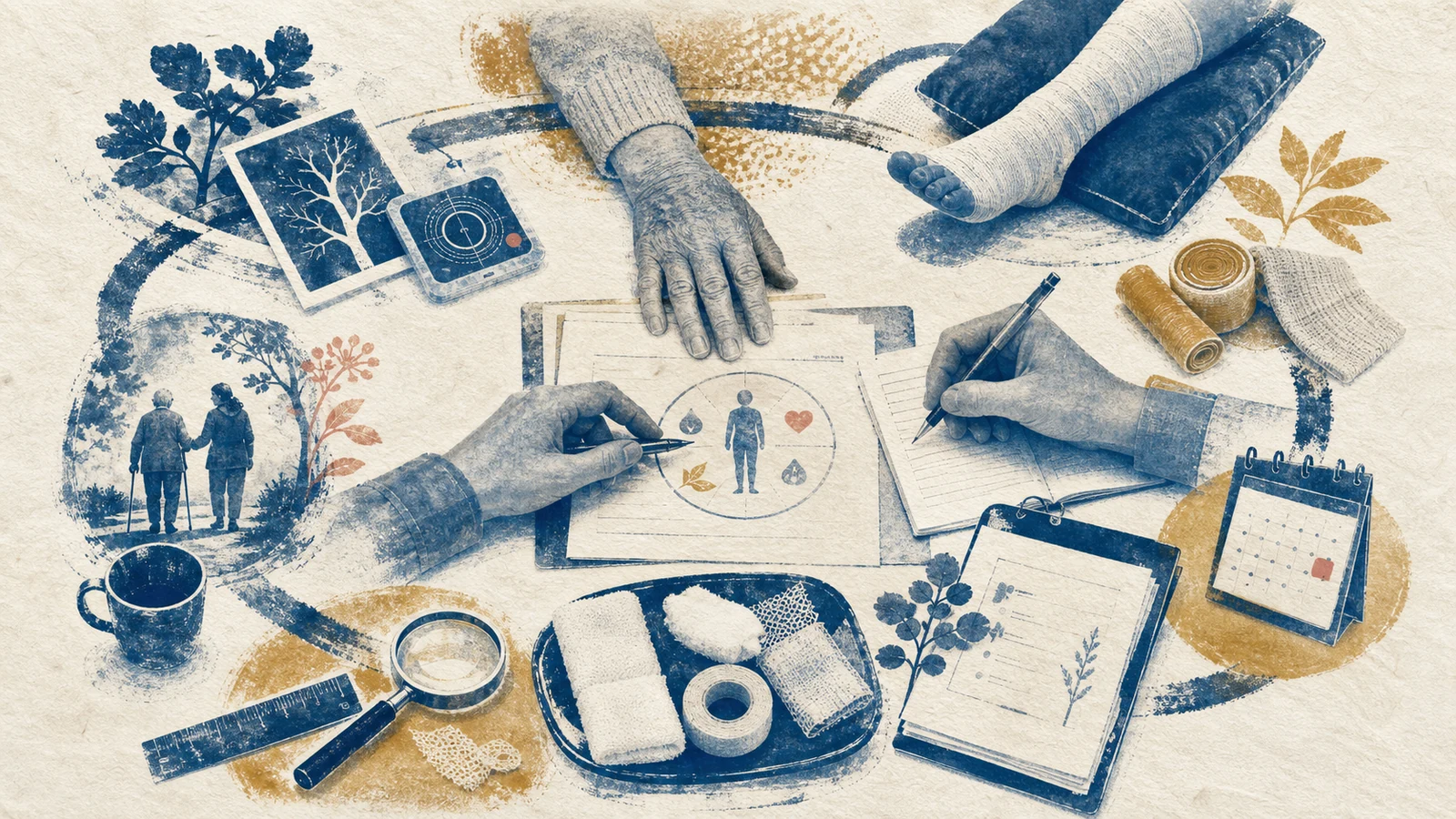 Cyanotypie-Illustration: Die Hand eines Bewohners liegt im Mittelpunkt, während Pflegefachpersonen Ursachenklärung, Druck- und Ödemkontrolle, Schmerz, Wundversorgung, Dokumentation und Evaluation zu einem gemeinsamen Plan verbinden