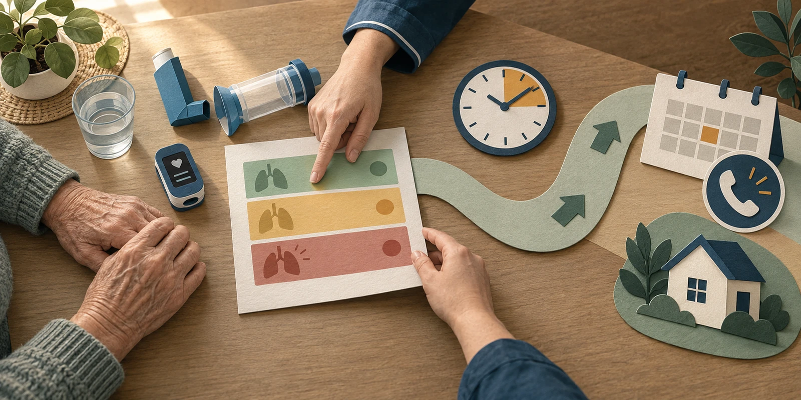 Papierrelief aus der Vogelperspektive: Eine ältere Person und eine ambulante Pflegefachperson besprechen einen dreistufigen COPD-Aktionsplan; Inhalator, Spacer, Pulsoximeter, Telefon, Uhr und Kalender markieren Akutmaßnahme und Rücklauf
