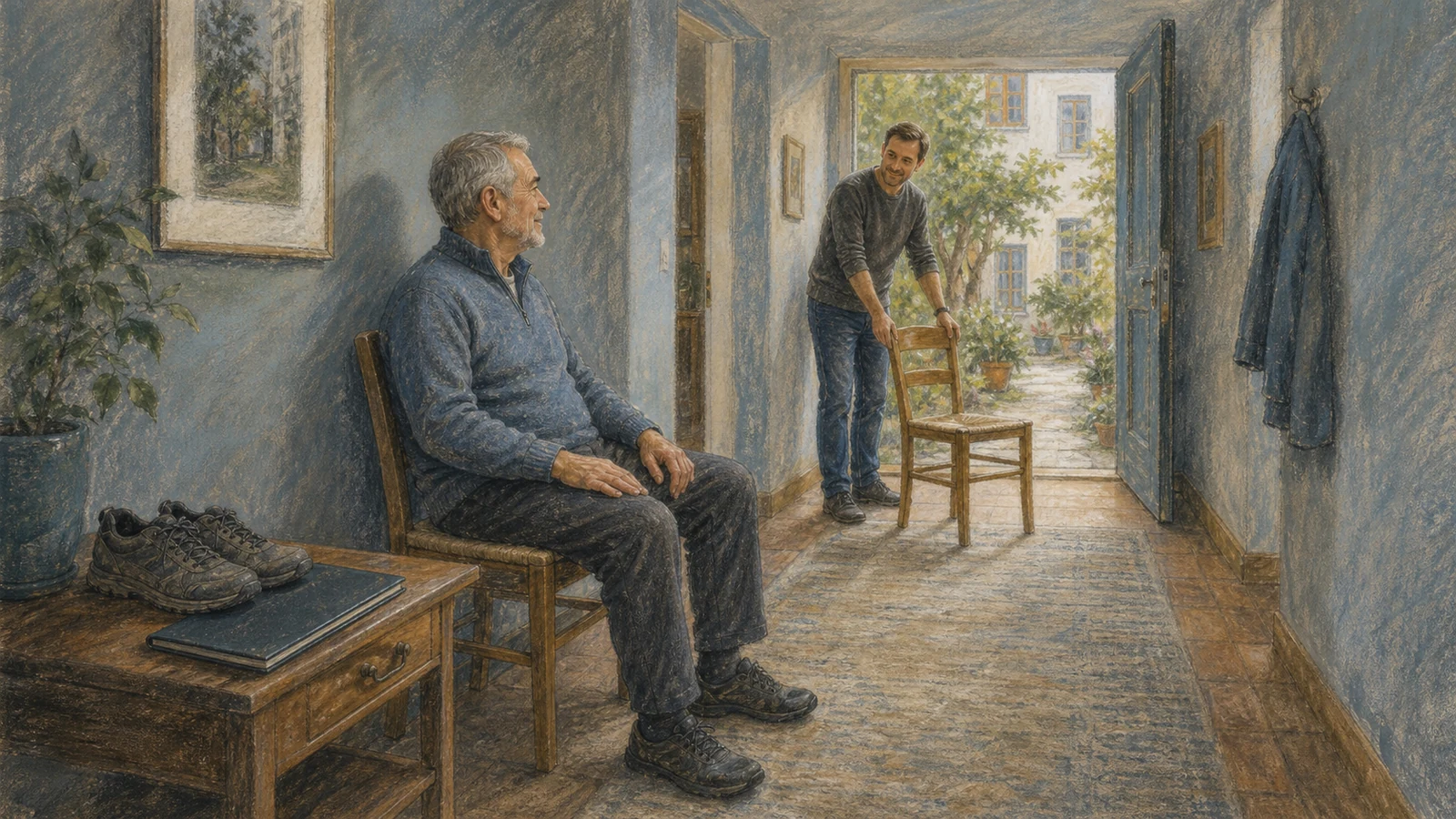 Trockenpastell-Illustration: Ein älterer Mann macht im Hausflur eine geplante Sitzpause, während sein Sohn den nächsten Stuhl auf dem freien Weg in den Hof bereitstellt