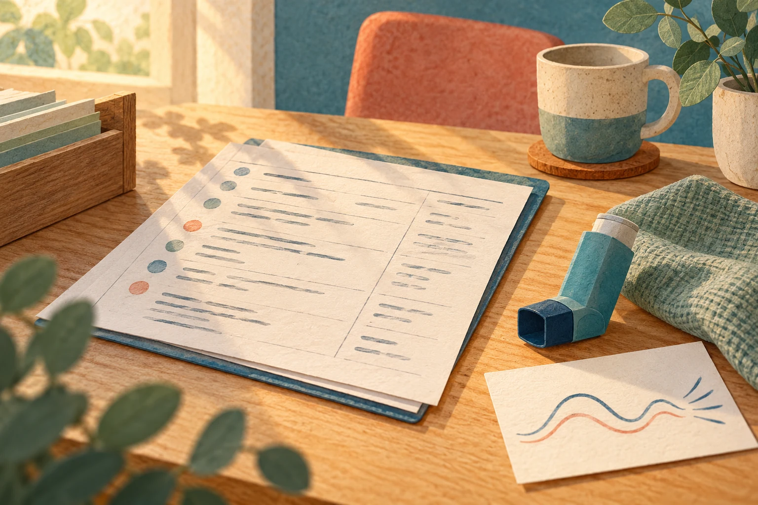 Illustrierte Übergabeunterlage, Inhalator und Karte mit Atemlinien auf einem hellen Tisch