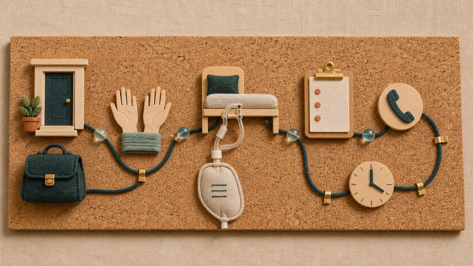 Ein handgearbeitetes Kork-Pegboard verbindet Hausbesuch, Händehygiene, geschlossenes Kathetersystem, Dokumentation, Rückmeldung und nächsten Einsatz zu einer ambulanten Versorgungsschleife