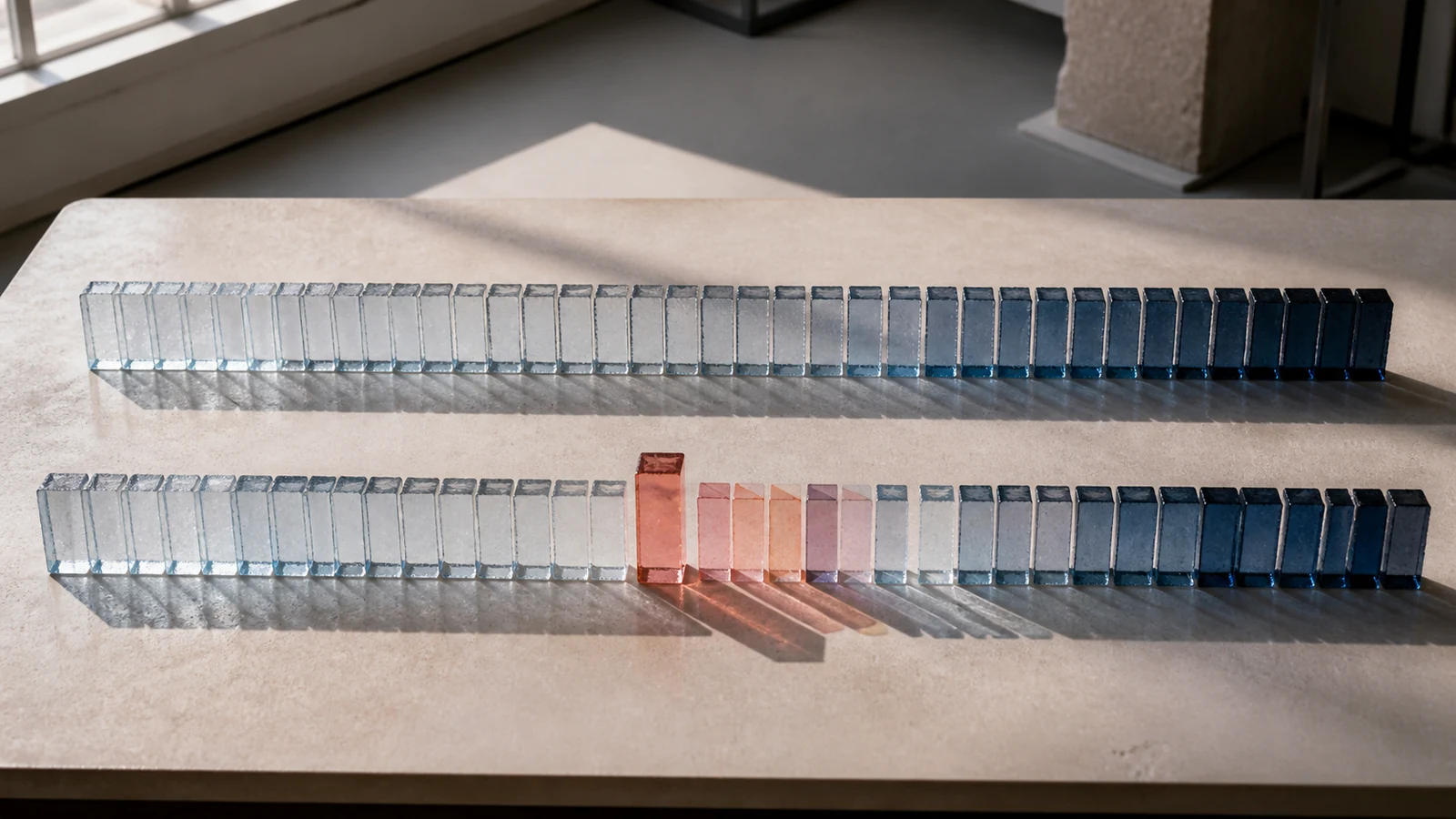 Eine moderne Glaslicht-Installation zeigt eine lange, langsam verlaufende blaue Spur und daneben eine plötzlich versetzte korallfarbene Lichtbrechung