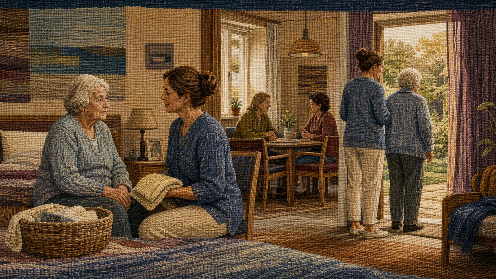 Handgewebte Wolltapisserie: Eine Bewohnerin und eine Pflegefachperson besprechen auf Augenhöhe einen kleinen Alltagsschritt; im Hintergrund stimmen Kolleginnen den weiteren Pflegeprozess ab
