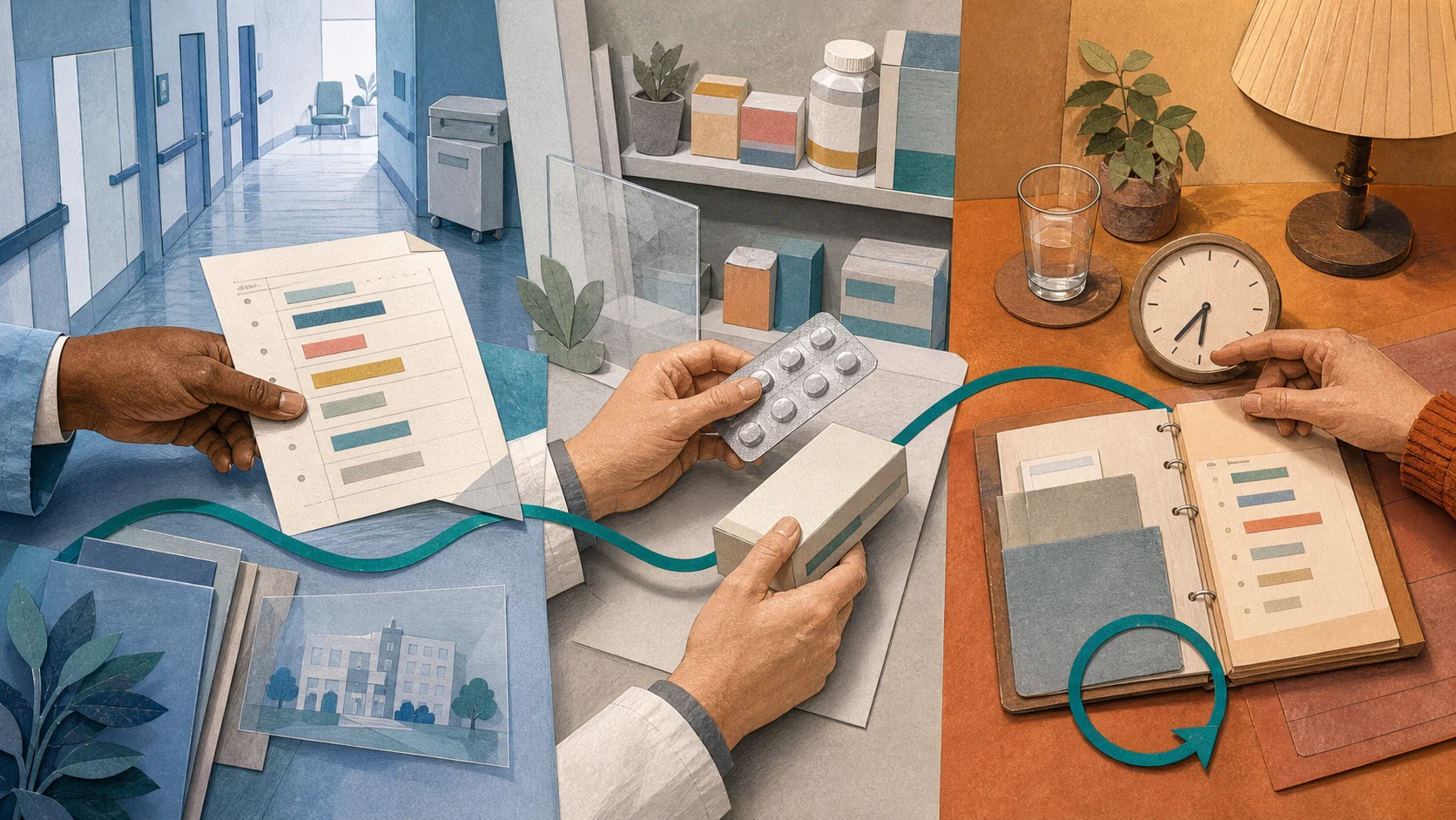 Eine Cut-Paper-Collage verbindet einen Krankenhausflur, eine Apotheke und den nächsten Versorgungsort; mehrere Hände gleichen Entlassunterlagen, einen versiegelten Blister und die nächste Gabe entlang einer durchgehenden Linie ab