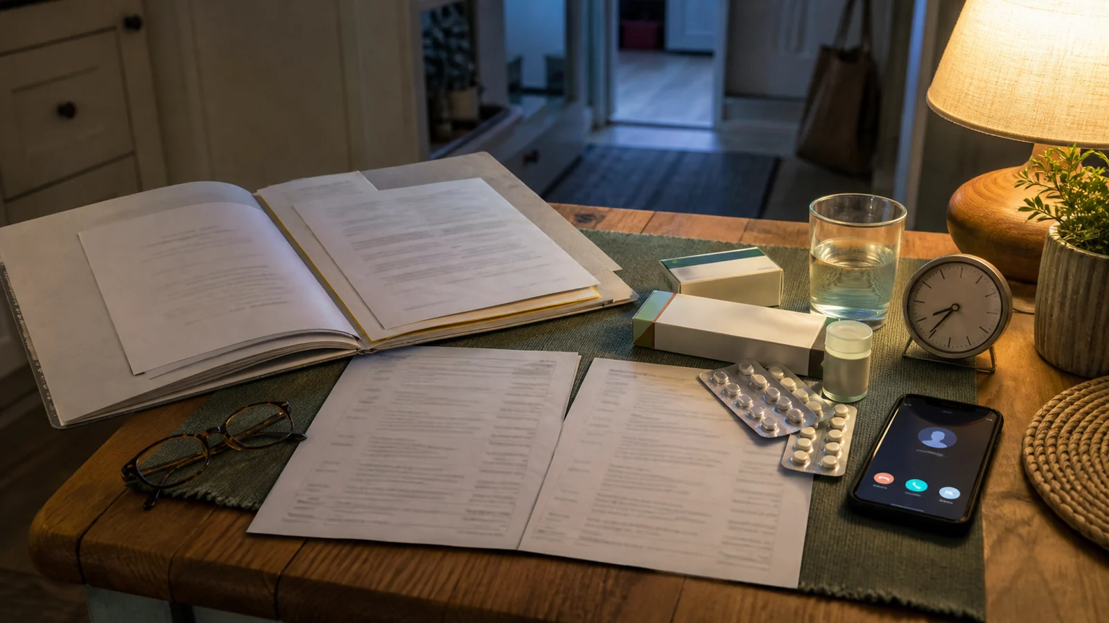 Abendlicher Küchentisch mit Entlassungsunterlagen, zwei Medikamentenlisten, Arzneimittelpackungen, Telefon, Uhr, Brille und Wasserglas für den sicheren Abgleich nach einer Krankenhausentlassung