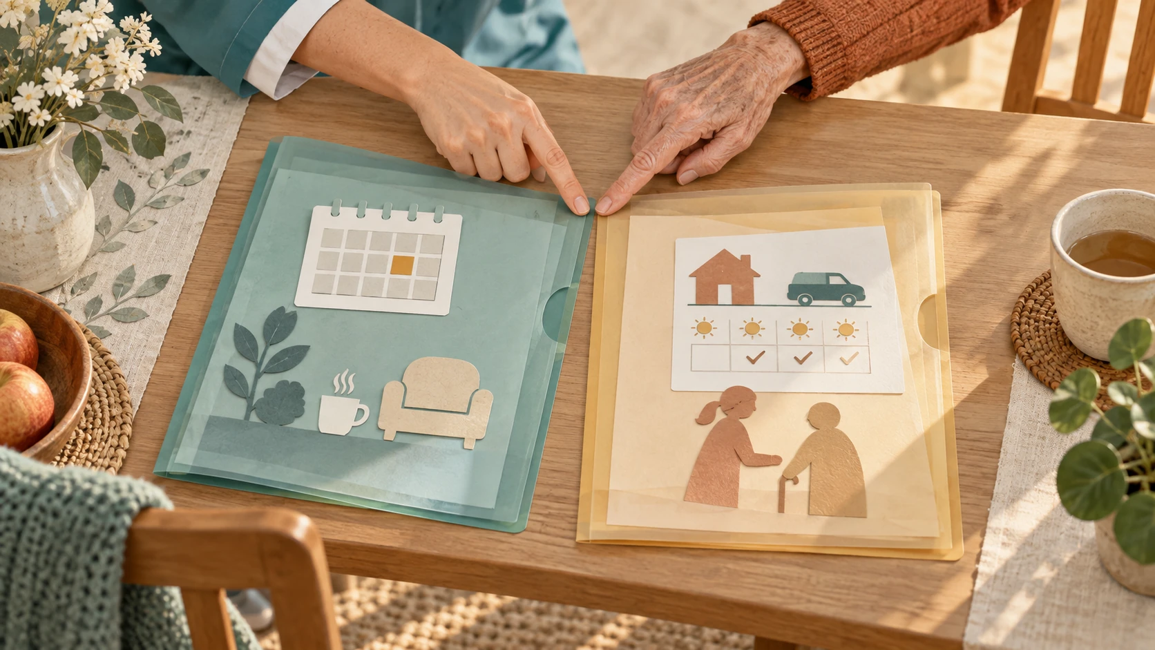 Eine ältere Person und eine Pflegefachperson zeigen auf zwei verschiedenfarbige Mappen mit Kalender und Einsatzplan