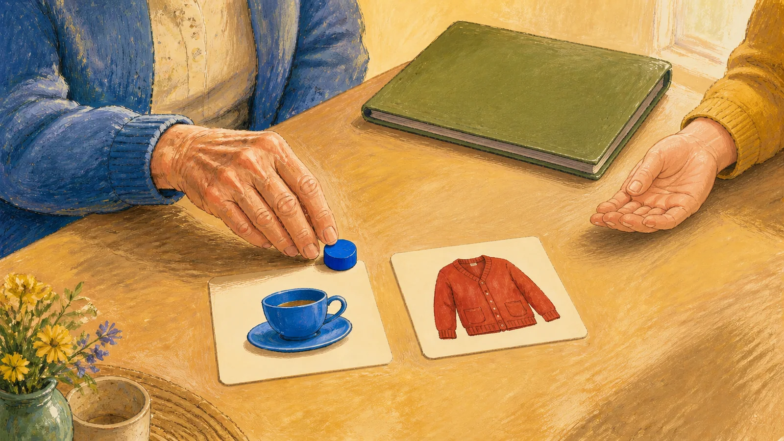 Eine ältere Hand legt einen blauen Stein zur Bildkarte einer Tasse; daneben liegt eine zweite Karte mit einer roten Strickjacke, während die Hand der begleitenden Person offen Abstand hält.