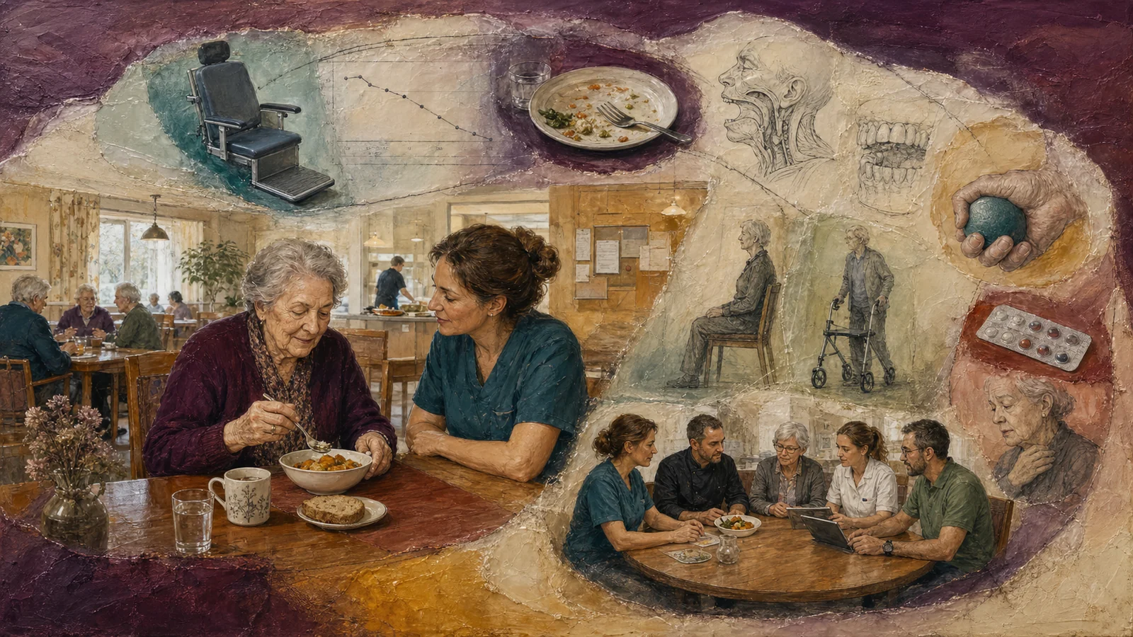 Enkaustik-Illustration: Eine Bewohnerin wählt ihre Mahlzeit, während Pflegebeobachtung, Gewichtsverlauf, Mund- und Schluckstatus, Funktion, Medikation und Fallbesprechung zusammengeführt werden