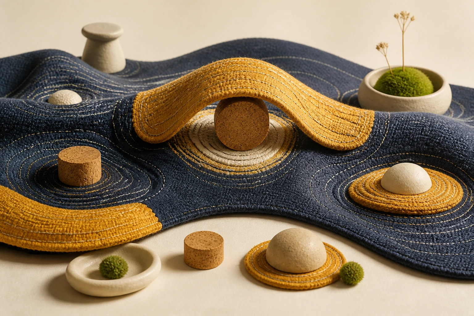 Ein textiles Relief verteilt Druck um Korkformen und hebt eine belastete Stelle durch eine bewegliche Stoffbrücke frei.