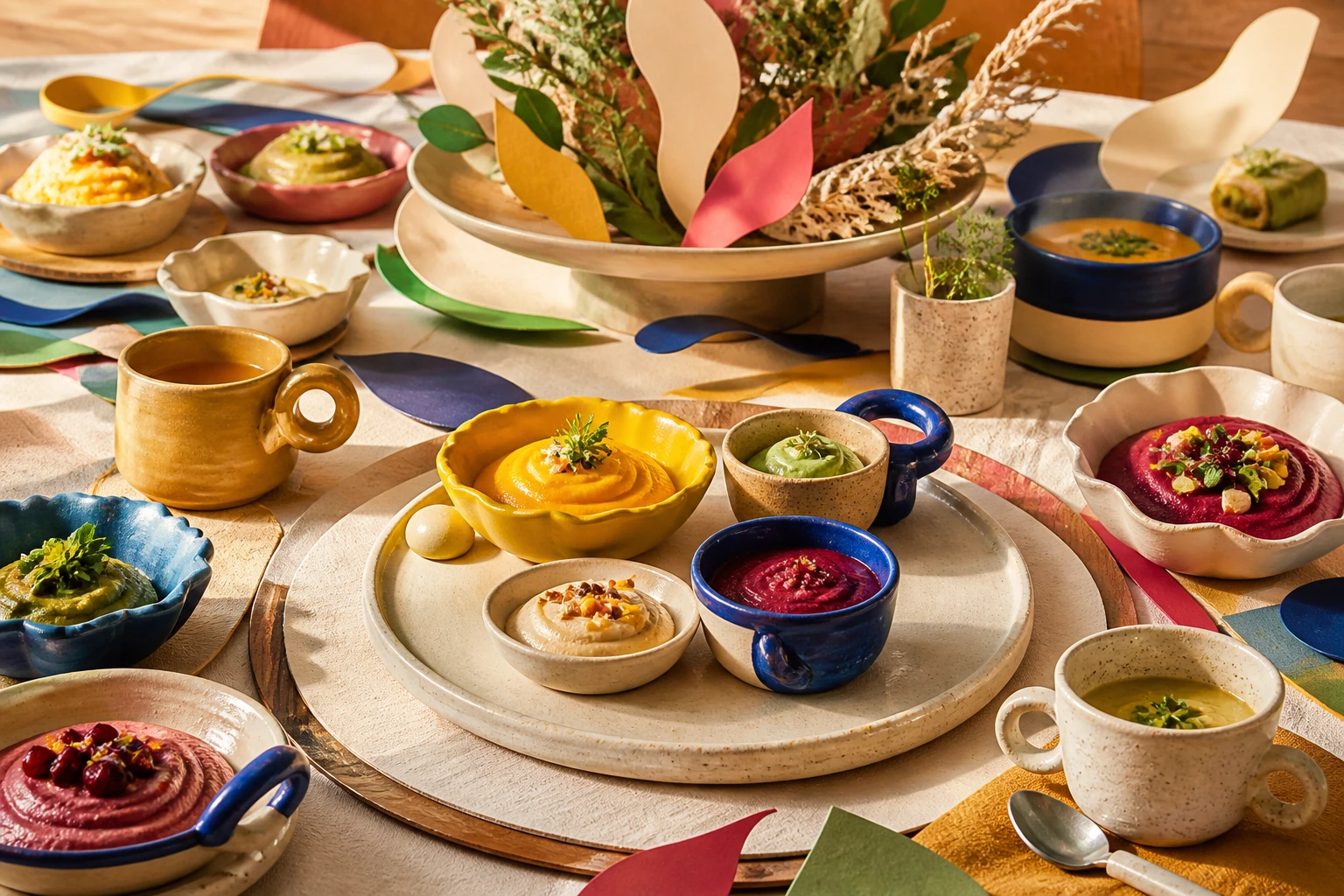 Eine abwechslungsreiche Tafel aus farbigen Keramikgefäßen, Besteck und kleinen Speisen steht für Wahlmöglichkeiten, Gemeinschaft und individuelle Unterstützung beim Essen.