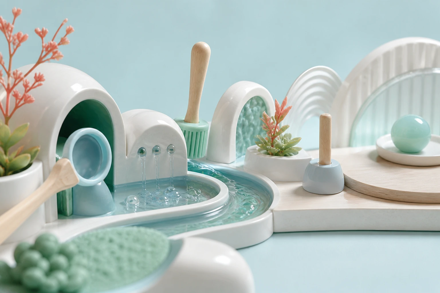Ein heller Garten aus Porzellanformen, weichen Bürsten und Wassertropfen steht für behutsame, individuelle Mundpflege und geschützte Schleimhäute.
