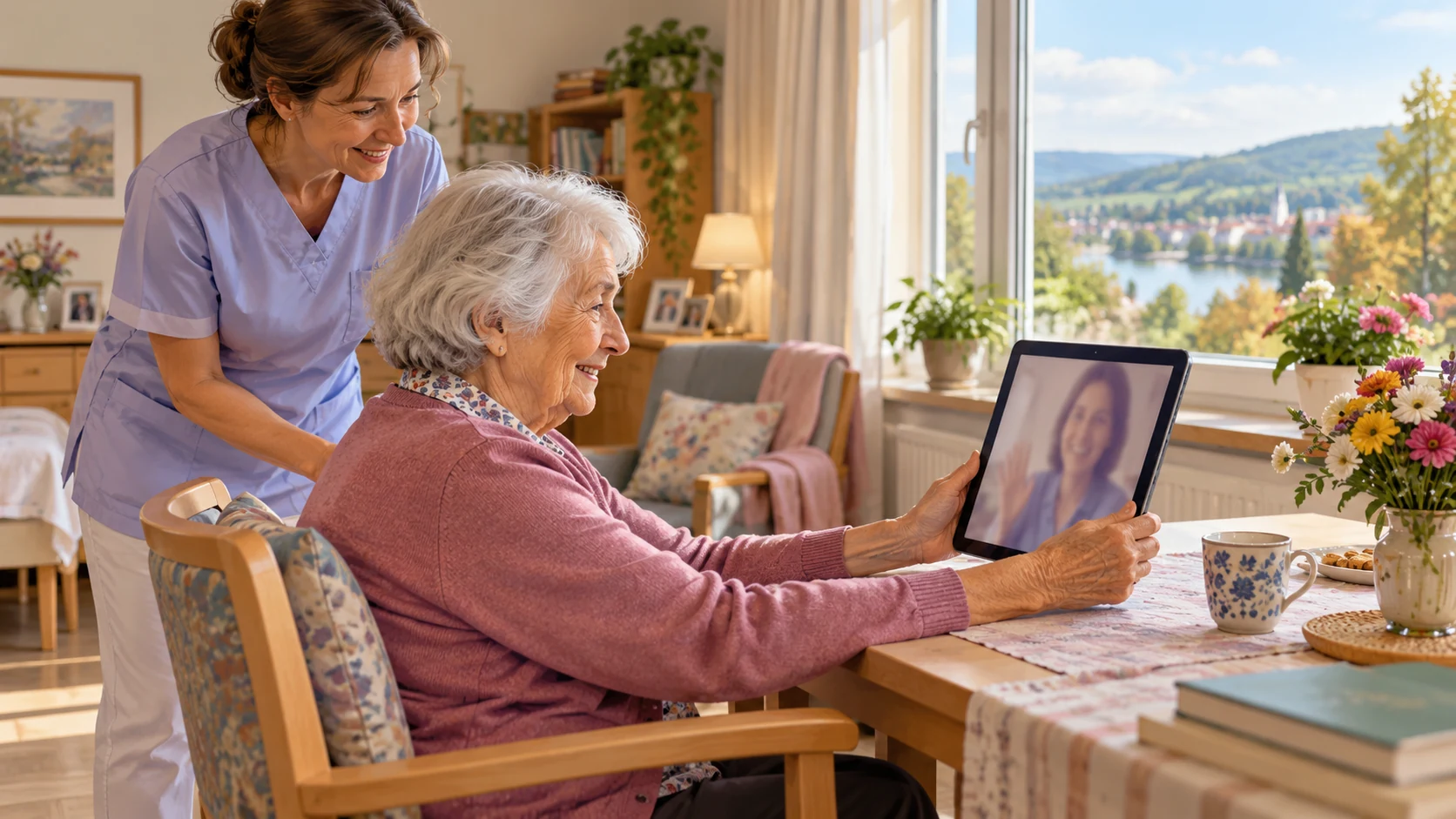 Eine ältere Bewohnerin hält bei einem Videogespräch selbst ein Tablet; eine Pflegeperson unterstützt sie zurückhaltend in einem hellen Zimmer.