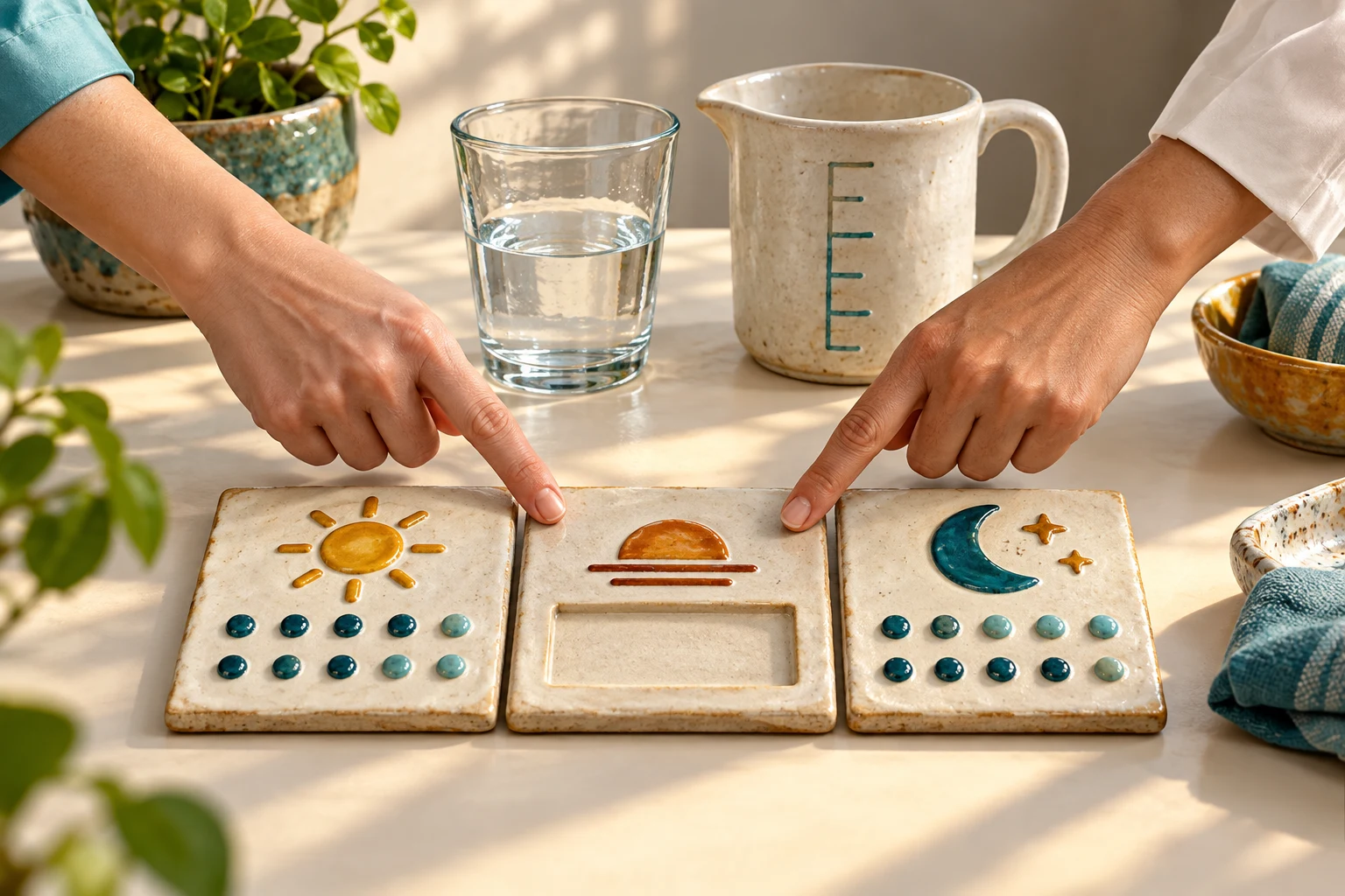 Zwei Hände zeigen auf eine leere Vertiefung der mittleren von drei Keramiktafeln mit Sonne, Sonnenuntergang und Mond; daneben stehen Wasserglas und Messkrug.