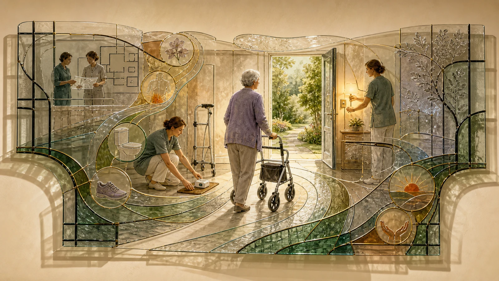 Mehrschichtiges Glasrelief: Eine Bewohnerin geht mit Rollator durch einen offenen Weg zum Garten; Mitarbeitende beseitigen Hindernisse, verbessern das Licht und besprechen Beobachtungen