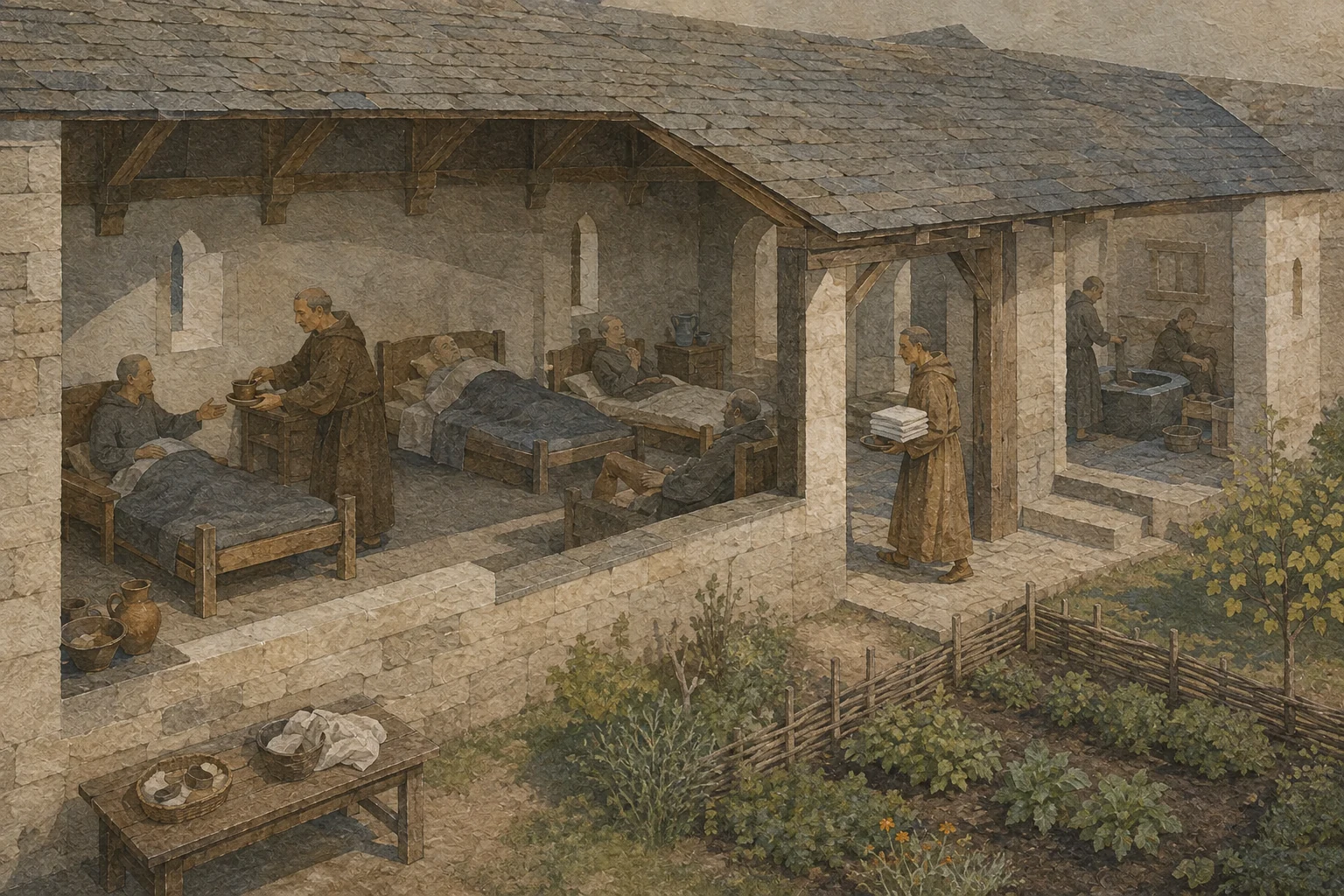 KI-generierte Illustration: Eine frühmittelalterliche klösterliche Infirmarie verbindet Krankenraum, Bad, gedeckten Gang und Kräutergarten