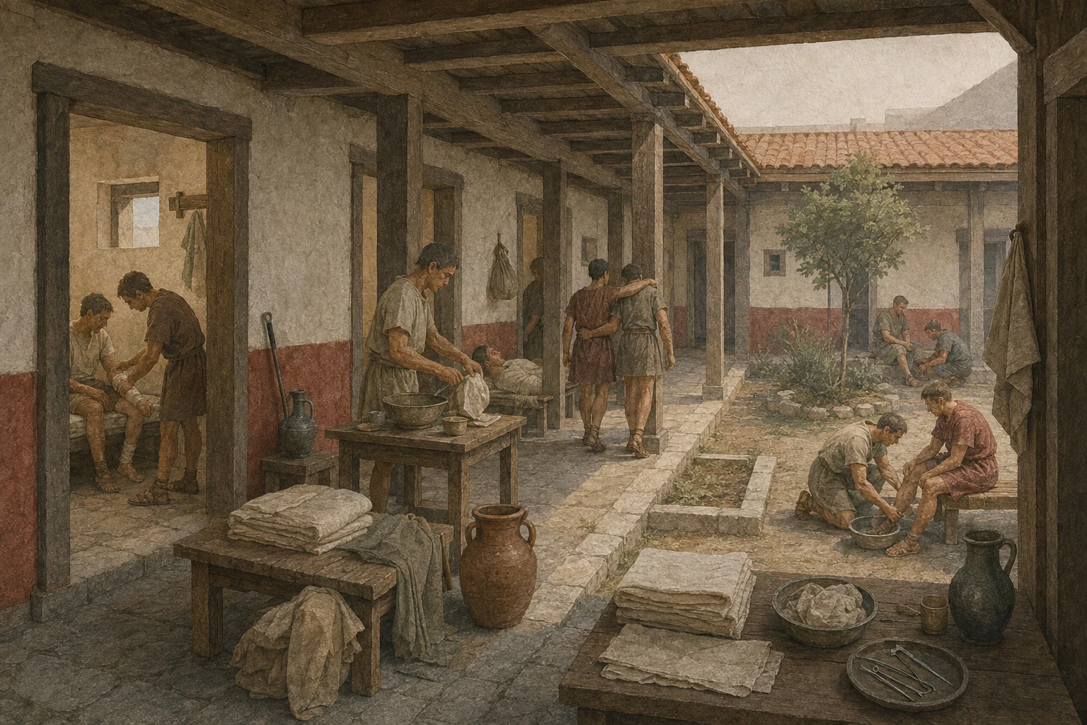KI-generierte Illustration: Medizinische Helfer versorgen Legionäre in einem römischen Militärhospital mit kleinen Zimmern, Umgang und Innenhof