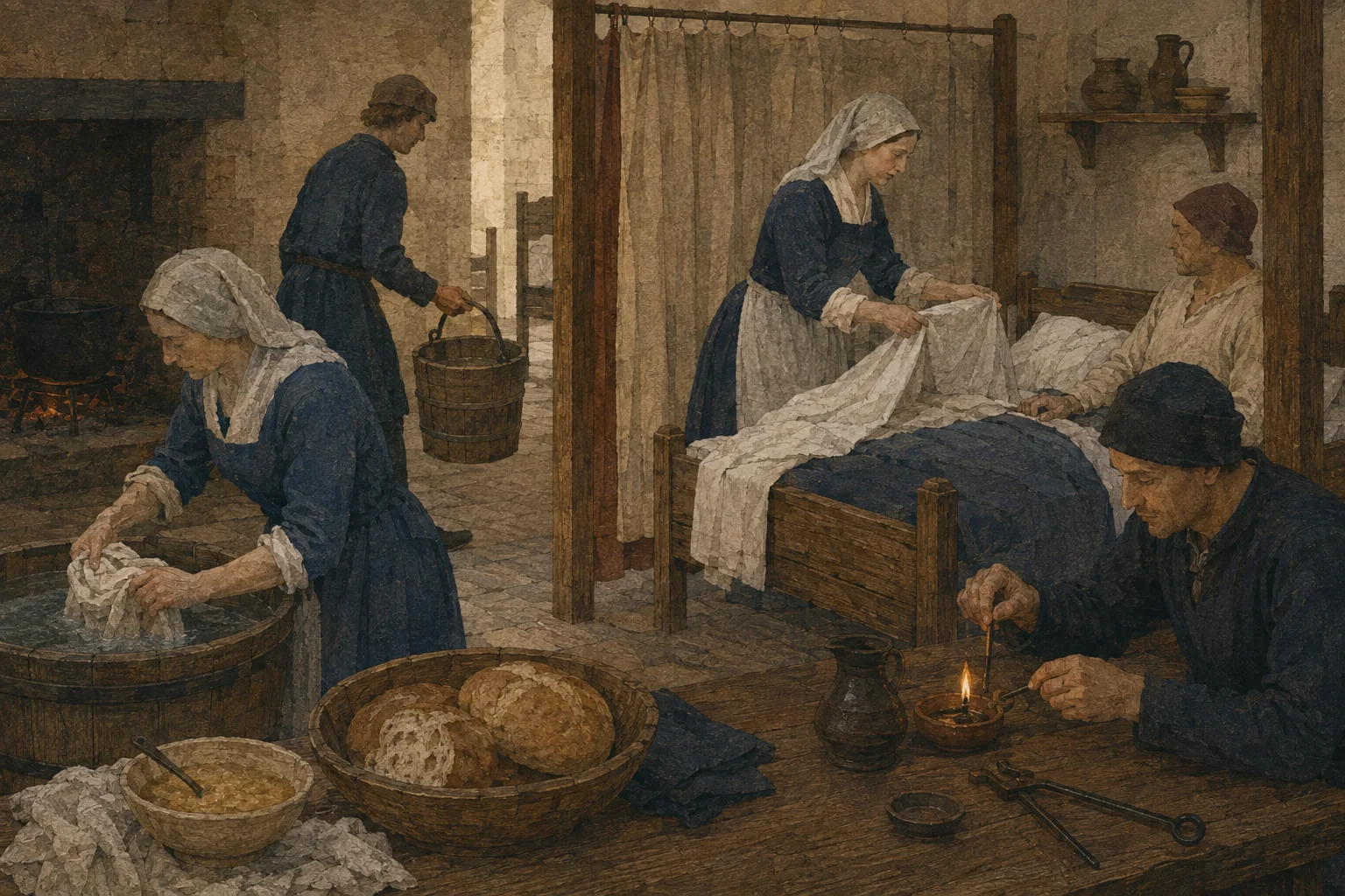 KI-generierte Illustration: Frauen und Männer waschen Leinen, tragen Wasser, richten ein Bett, unterhalten eine Lampe und bereiten Nahrung in einem spätmittelalterlichen Hospital