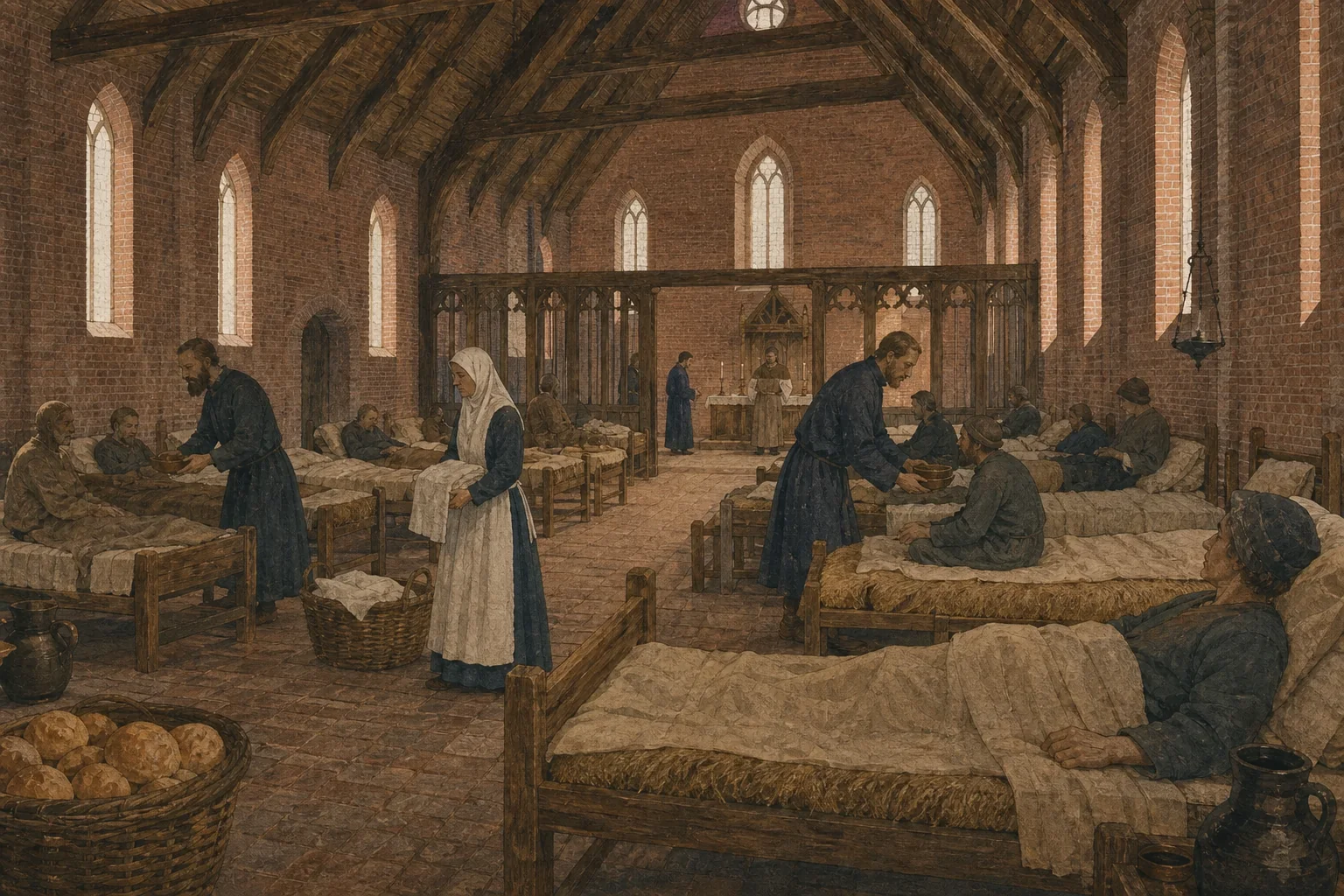 KI-generierte Illustration: In einer spätmittelalterlichen Hospitalhalle stehen einfache Betten zwischen Versorgungsgängen und einer räumlich verbundenen Kapelle