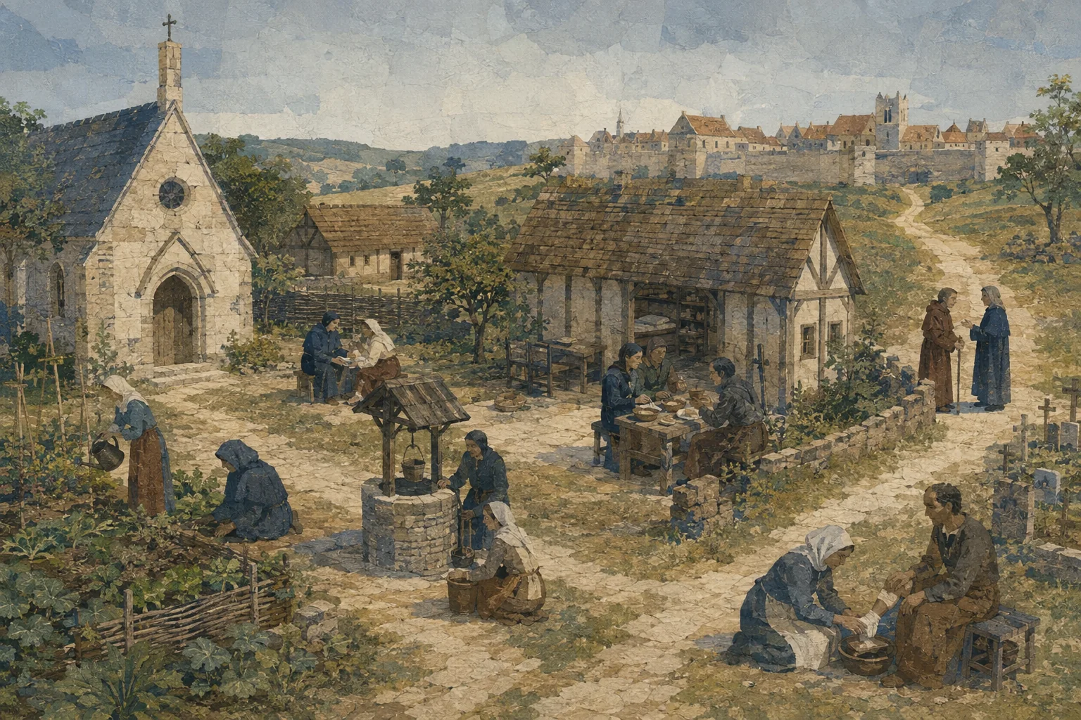 KI-generierte Illustration: Eine spätmittelalterliche Leprosoriumsgemeinschaft mit Kapelle, Unterkünften, Garten, Brunnen und Versorgung liegt außerhalb einer entfernten Stadtmauer