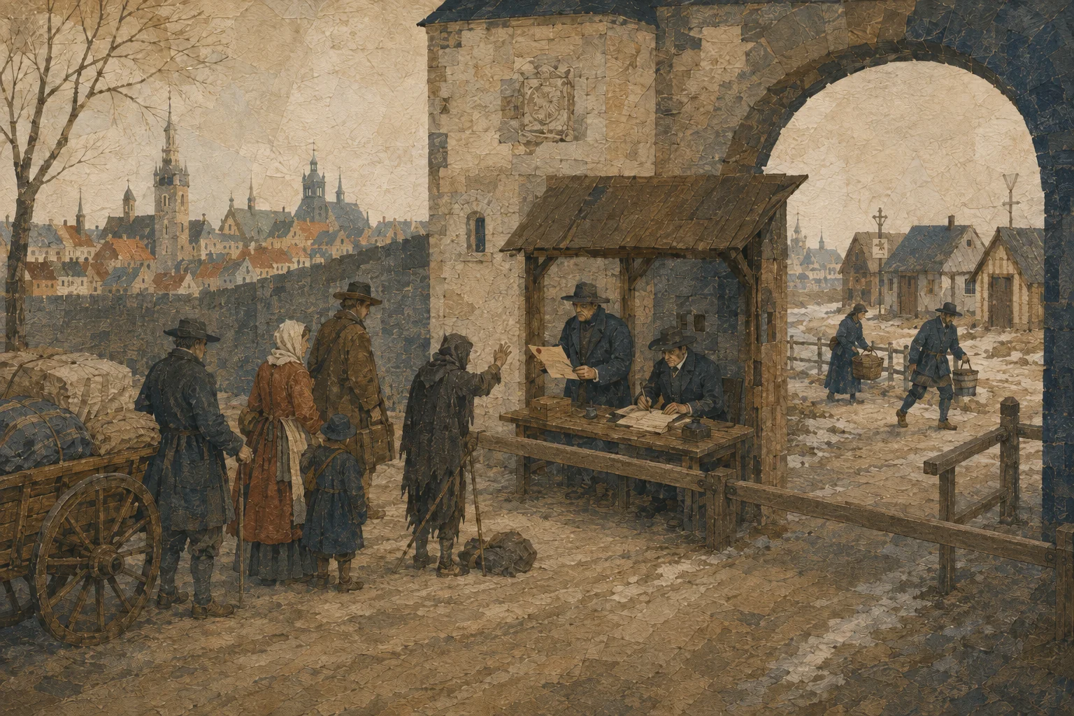 KI-generierte Illustration: An einem frühneuzeitlichen Stadttor prüfen Beamte Reisepapiere, während Versorgung zu abgesonderten Unterkünften gebracht und einer armen Person der Zugang verweigert wird