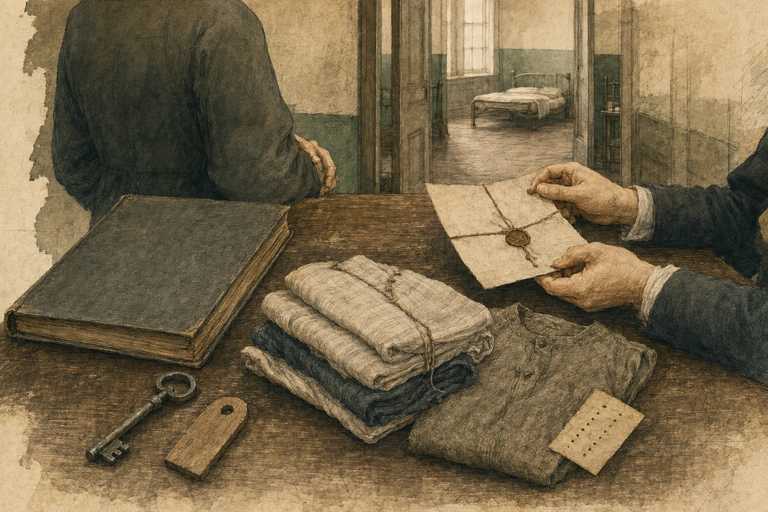 KI-generierte Illustration: An einem Aufnahmetisch liegen versiegeltes Attest, Kleiderbündel, Schlüssel, Bettmarke und Kostenbuch zwischen Tür und Krankenstube