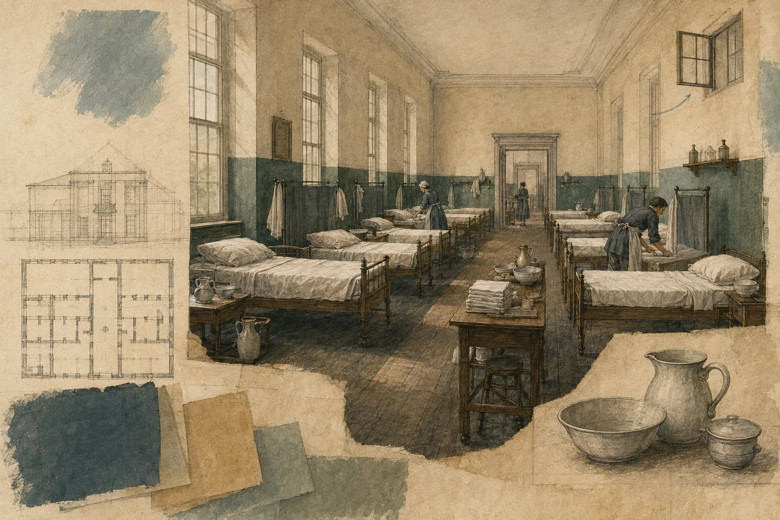 KI-generierte Illustration: Eine Krankenhausstube um 1800 verbindet gereihte Einzelbetten, hohe Fenster, Lüftung, Wassergefäße und einen zentralen Versorgungsgang