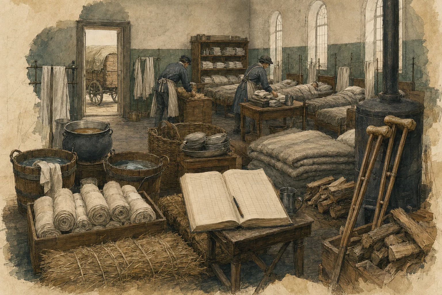 KI-generierte Illustration: In einem provisorischen Lazarett 1813 stehen leere Betten, Verbandsleinen, Wassereimer, Lebensmittel, Heizmaterial und Belegungslisten im Vordergrund
