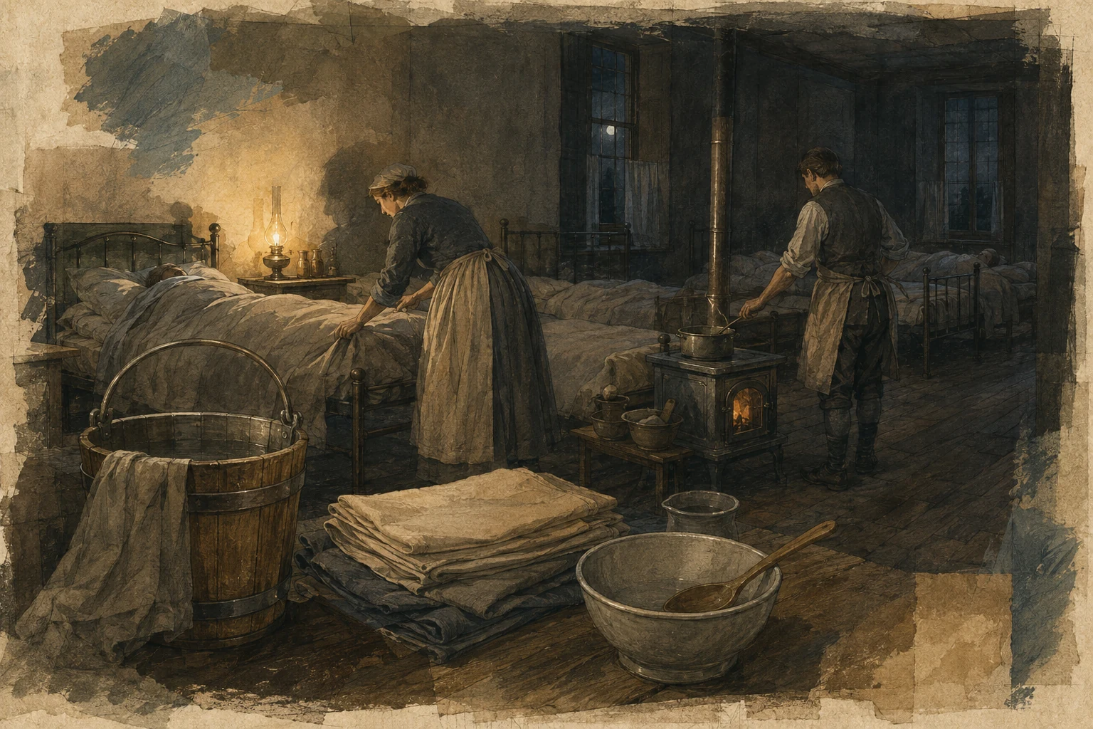 KI-generierte Illustration: Eine generische Krankenwärterin und ein Krankenwärter versorgen nachts Wasser, Bettzeug, Wärme, Nahrung und Beobachtung in einer Stube um 1800