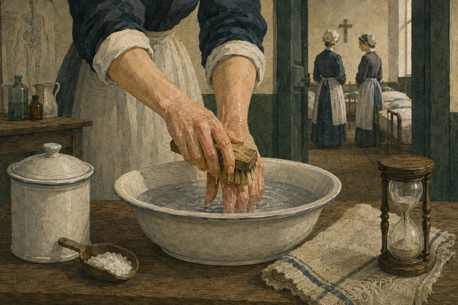 KI-generierte Illustration: Hände werden an einer schlichten Waschstation des Jahres 1847 mit Bürste, Wasser und Chlorkalklösung gereinigt