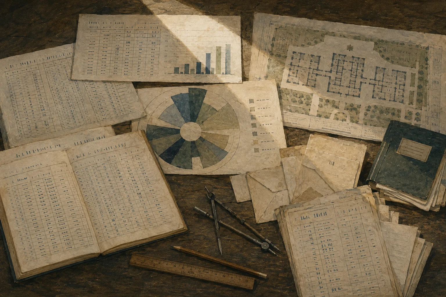 KI-generierte Illustration: Auf einem Reformschreibtisch um 1860 liegen selbst entworfene Tabellen, ein kreisförmiges Flächendiagramm, Briefe und ein Krankenhausplan