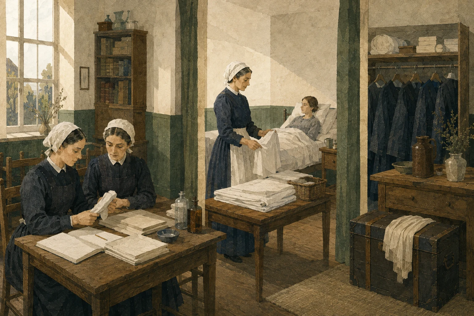 KI-generierte Illustration: In einem evangelischen Mutterhaus des mittleren 19. Jahrhunderts verbinden sich Unterricht, Krankenraum und gemeinschaftlich geregeltes Wohnen